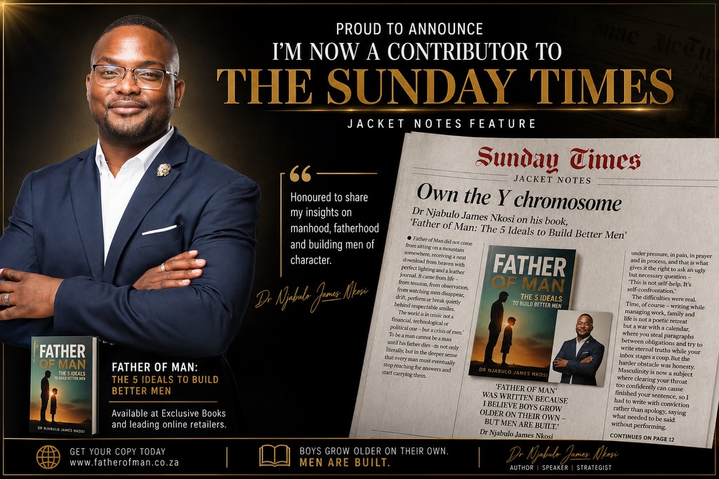 A dream realised.
I’m incredibly grateful to share that I’m now officially a contributor to the Sunday Times.
Seeing Father of Man featured in Jacket Notes isn’t just recognition for a book. It’s recognition that the conversation about building better men matters.
Boys grow older on their own. Men are built.
Thank you to everyone who has read the book, shared it, challenged it, cried through it, bought copies for others and believed in this mission.
This is only the beginning.
Read the article:
https://www.sundaytimes.timeslive.co.za/lifestyle/2026-07-11-jacket-notes-father-of-man-by-dr-njabulo-james-nkosi/
#FatherOfMan #SundayTimes #Author #MensMentalHealth #Fatherhood Masculinity BuildBetterMen SouthAfrica Bookstagram Leadership
