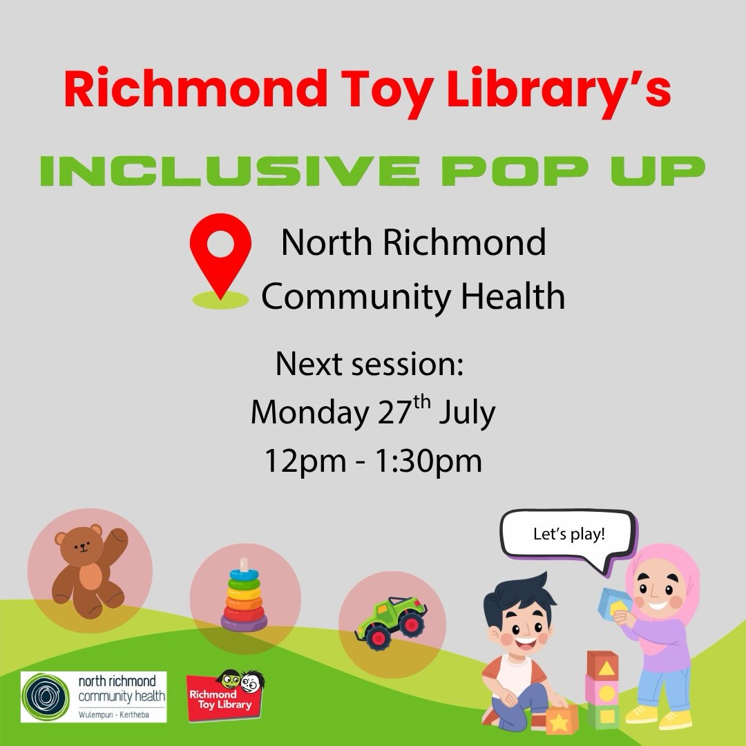 💚Inclusive Pop Up Toy Library💚 is happening this month in too! @nrchaus
Our Inclusive Pop Up Toy Library is coming to North Richmond Community Health for everyone to enjoy!
📍North Richmond Community Health
🗓️Monday 27 July
🕒12pm-1:30pm
These are inclusive, supported sessions, with a small selection of toys available to play with on-site or borrow.
✨Click & Collect is available - if you’d like to request specific toys, please email us at info@rtl.org.au and we’ll do our best to bring them along.