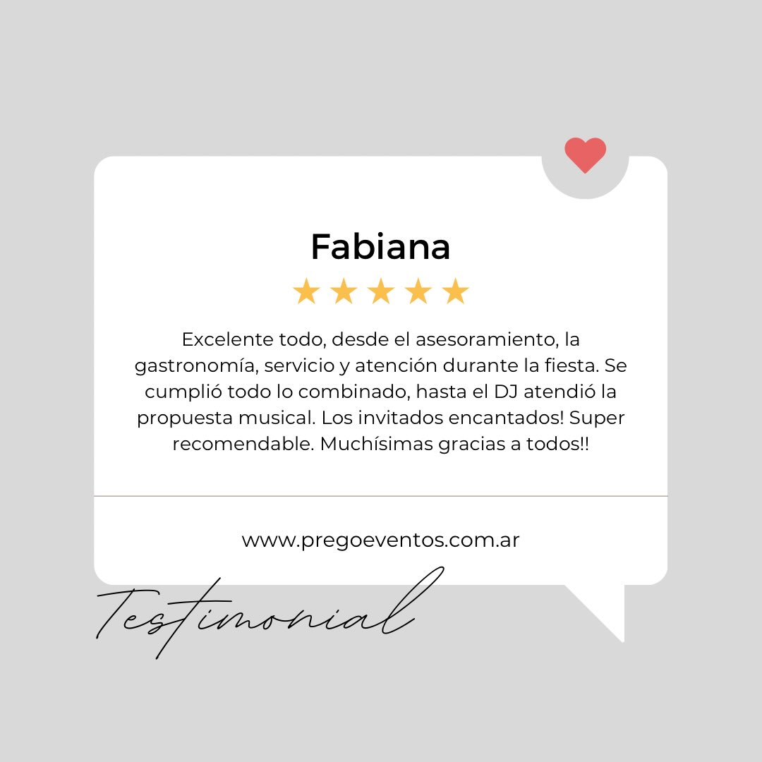 ⭐ Ellos ya lo vivieron. Ahora te toca a vos 😉
No hay mejor publicidad que la palabra de quien confió en nosotros para un día tan importante 🙌🏻
Gracias, Fabiana, por elegirnos para celebrar tus 60 años y por estas palabras que nos llenan de orgullo❤️
En PREGO trabajamos para que cada detalle salga exactamente como fue soñado: gastronomía de primer nivel, atención personalizada, música, organización y un servicio que haga que ustedes solo se ocupen de disfrutar 💝
Escribinos y conocé por qué cada vez más personas eligen vivir su evento en PREGO.
📍 La Plata
📅 Agenda 2027 y 2028 abierta
📩 Consultanos por WhatsApp y reservá tu fecha 221 459 5615