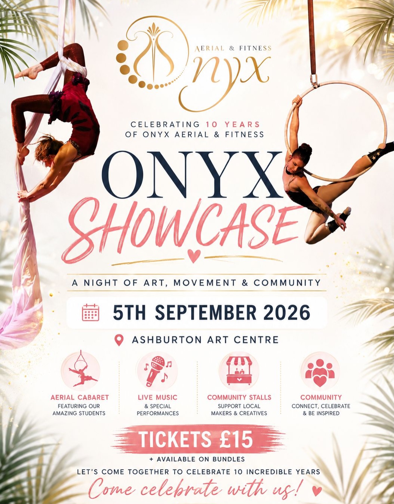 ⭐️ We are so looking forward to celebrating 10 years of Onyx with everyone!
We have had so much support over the years for which we are so very grateful.
Let’s celebrate together at our event in September where we will have stalls, food and entertainment. 🌸
Tickets are available now for just £15. The more the merrier so bring your partners, families and besties 🫂🦋
#onyxcelebration #summershowcase #ashburtonvibes #ashburtondevon #ashburtonartscentre www.onyxaerialfitness.co.uk