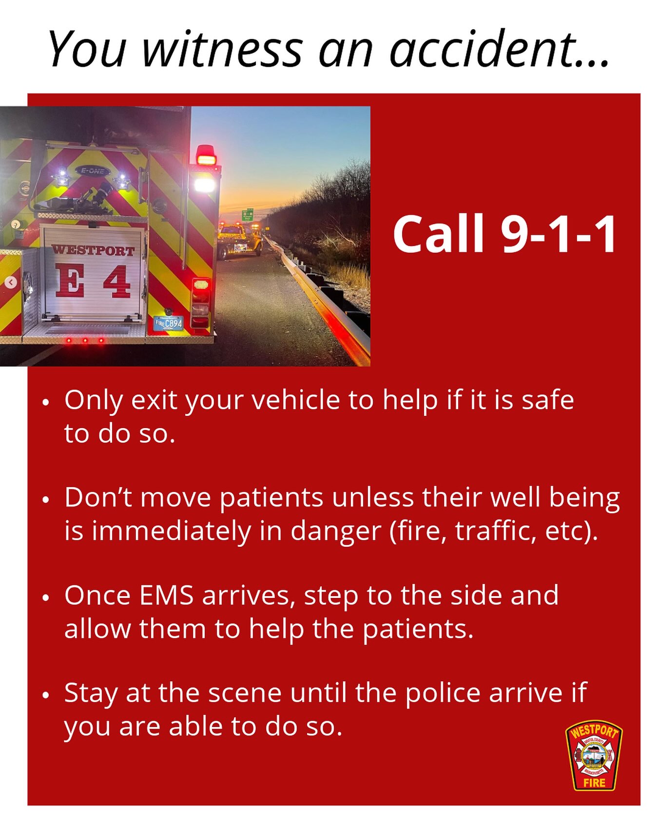 Westport Firefighter/Paramedics are currently working alongside Dartmouth Fire District 3 and Dartmouth EMS, at a very serious crash on Route 6 in the vicinity of the Dartmouth/Westport Town line.
Today has been another busy day, as Group 1 has answered 14 calls for service since 0800, including 4 motor vehicle crashes.
#westportma