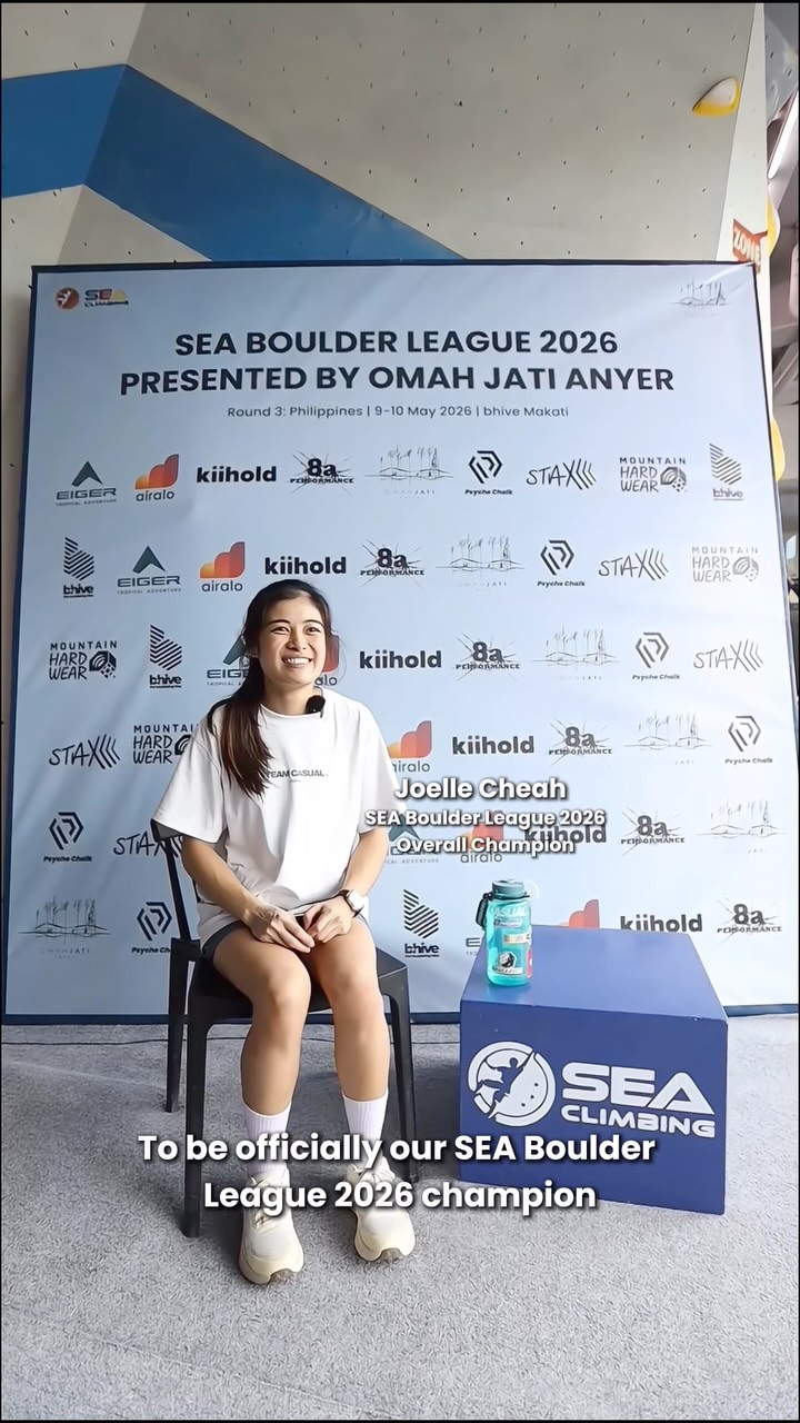 Across 3 countries and 3 rounds, Joelle Cheah stayed focused on the process. She turned up, trusted her preparation, and earned the title of SEA Boulder League 2026 Overall Champion!
For Joelle, this season wasn’t just about standing on the podium. It was about discovering new gyms, meeting climbers from across Southeast Asia, sharing meals after competitions, and proving to herself what she was capable of.
This achievement is also one she shares with the people who supported her along the way. A special thank you to her family, Gerald, Fitri, and Beatrix, to name a few, for believing in her, pushing her to improve, and giving her the confidence to keep chasing her goals.
Congratulations once again, Joelle! We’ll see you on the wall again soon, yes? 😉 ✈️ 🌏