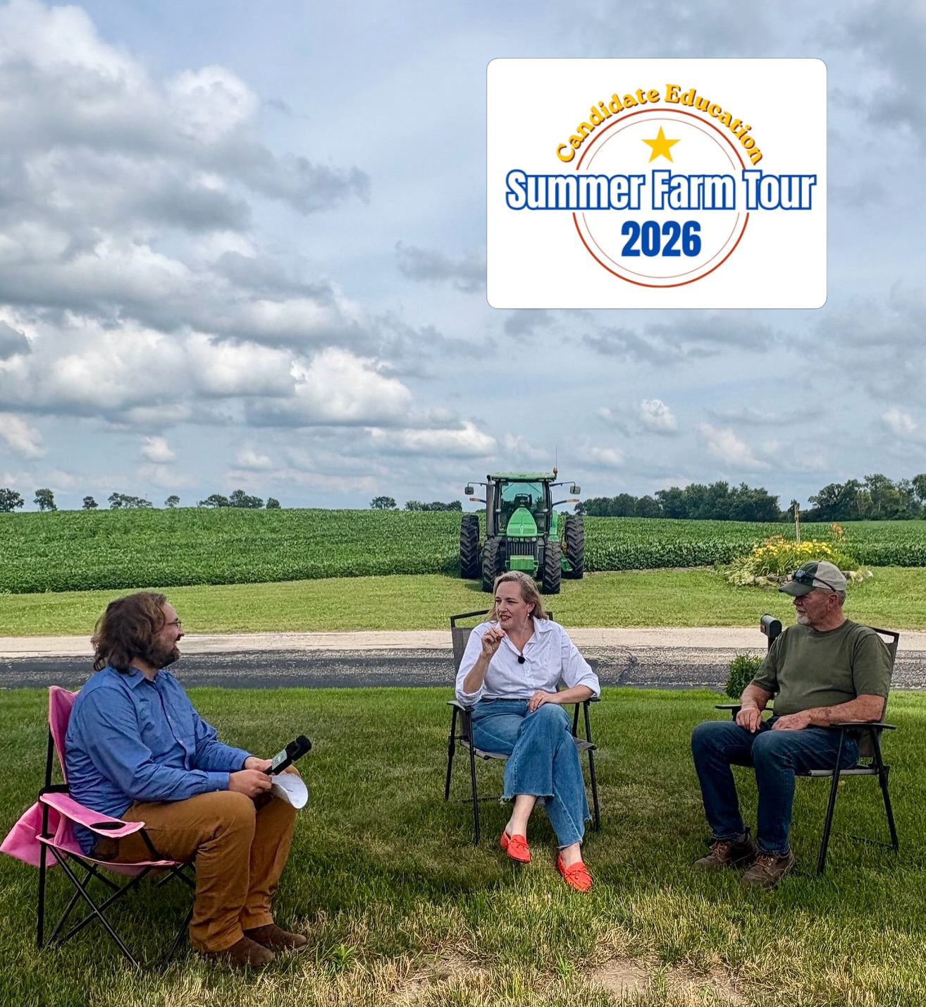 Our Candidate Education Summer Farm Tour in Wisconsin continues, as our Policy Director Chuck Anderas endeavors to have a in-field conversation with every gubernatorial candidate before the AUG 11 primary. Stop Number 4 was July 9 near Edgerton with corn and soy farmer Al Sweeney welcoming Senator Kelda Roys to his home farm.
Sweeney served on the Rock County Board for 18 years before retiring in 2024, so he brought a complex perspective to the conversation. He emphasized the importance of state investment in rural infrastructure like roads, culverts, and bridges - and how important agricultural conservation is in protecting that infrastructure.
Roys and Sweeney also discussed conservation easements, beginning farmers, land access, clean water, local economies and extreme weather preparedness.
A big theme that emerged was the value of cooperation -particularly the experience of local leaders pulling together across divides to solve local problems through compromise, strong relationships, and willingness to work at it.
Stay tuned for upcoming video summaries and newsletter wrap-ups of our Summer Farm Tour stops with the candidates. And make a plan to vote!