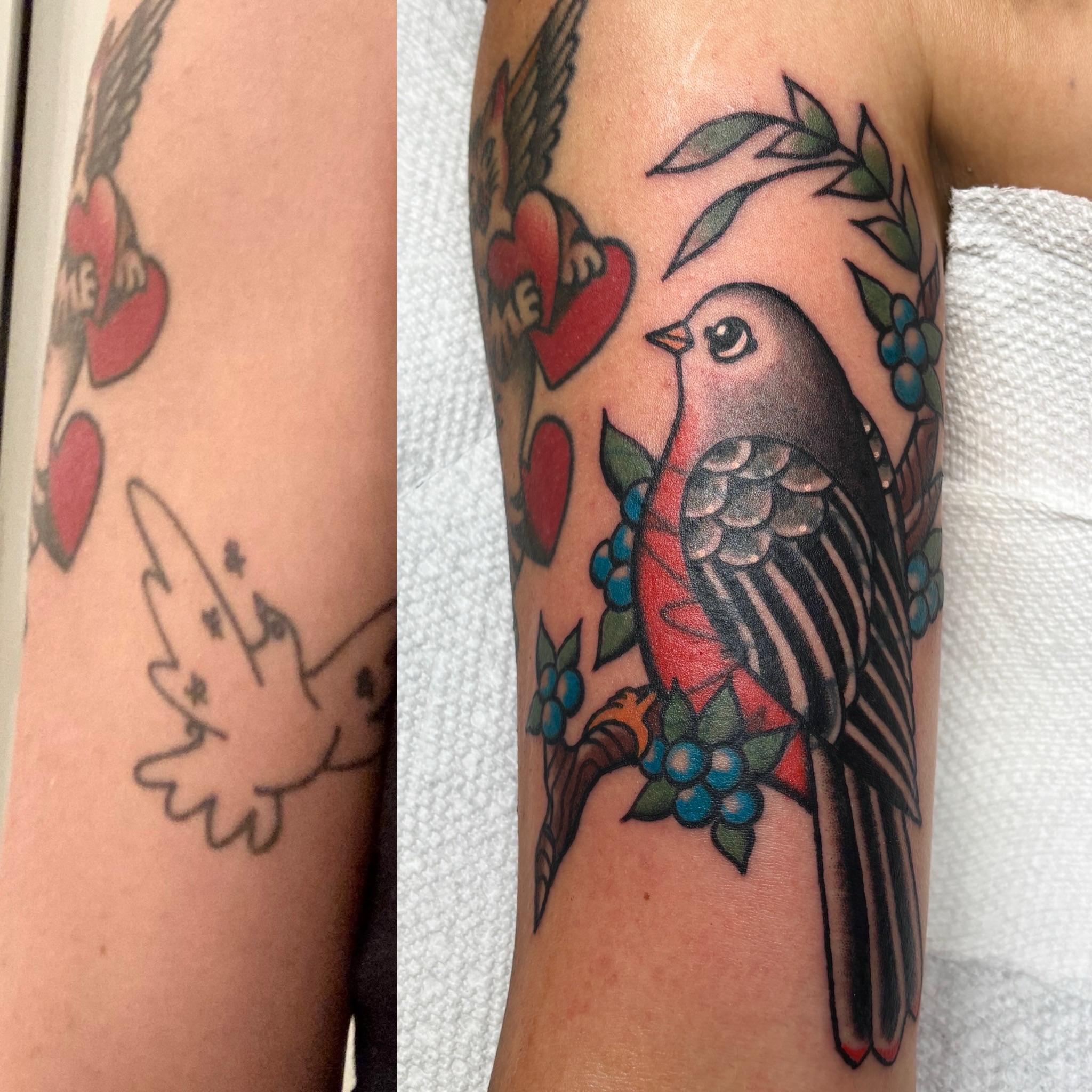 Showing off some coverups and blastovers I've finished both recently and in the last year that haven't been posted yet!! First is a Robin blastover on Emma, these are excellent options for folks who want to prioritize the design and imagery over full coverage (but coverage can still be pretty extensive as you see here).
A before and after coverup for Amanda, the priority was covering the banner around the tattoo. Lots of white and skin tone ink was used in this and the "after" pic is partially healed with some touchups/an extra pass of colour and black, there is also a bit of swelling due to the placement (back of the arm).
A little Sanskrit to mushroom coverup for Morgan 💕the "after" is barely palm sized, not all coverups have to be much larger than the original design! Just let me know when we're in the consultation stages how big or small you hope to go and we can discuss options and realistic goals.
One of several coverups I have made for Ashley, I had so much fun with the tiger! All of our coverup designs have been her ideas.
Little video to see how she wraps! This one was fairly easy for coverage as light blue is pretty easy to colour over, but there was a lot of it - so we still had to make the design and surrounding flames more extensive to maximize coverage.
From kingfisher to fan, this was a really fun one to make for Jocelyn and our second coverup project 💙 fans are excellent designs to cover more horizontal pieces like this one, and they can be very detailed which is great for distracting the eye from the design underneath.
Last one and still in progress! One of my largest coverups yet for Shane who sat incredibly for our one session thus far. The leopard print has done already a lot to distract the eye and work with the negative spaces in the kanji characters. Covering kanji can be a little more challenging but I'm always up for the challenge!!
