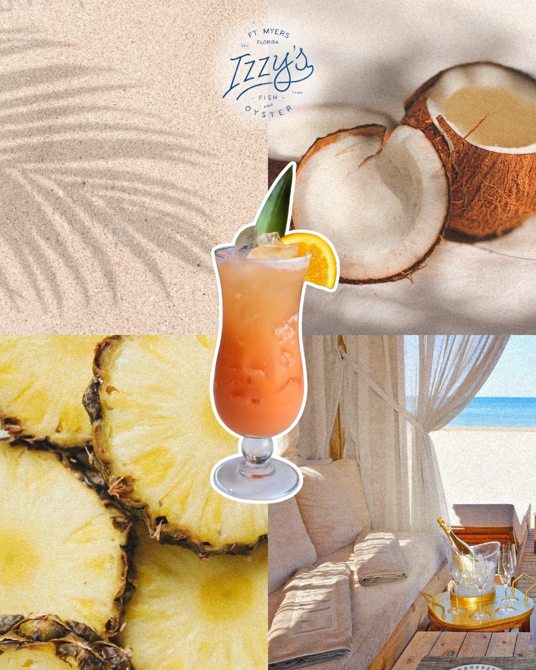Currently dreaming in tropical flavors. 🥥 The "Cabana Boy" is a tropical blend of Aperol, passion fruit, pineapple, coconut cream & brut.
#izzysfishandoyster #downtownfortmyers #summercocktail