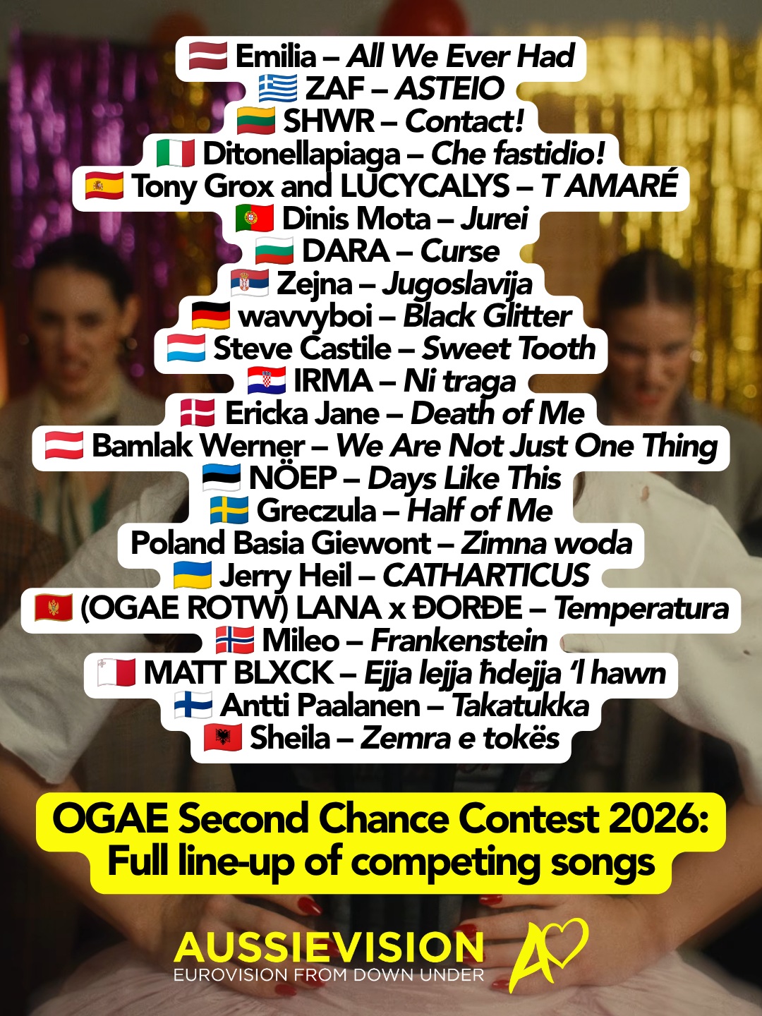 The competing entries in the OGAE Second Chance Contest have been revealed.
The competition sees each official fan club (eg OGAE Finland, OGAE Sweden, OGAE Germany etc) select a song that didn't win their national final to battle it out in a Eurovision-style contest.
OGAE Australia won't be competing this year as there was no Eurovision - Australia Decides.
22 entries from 22 nations and clubs will be competing.
#ogae #eurovision #esc2026 #eurovision #esc2026