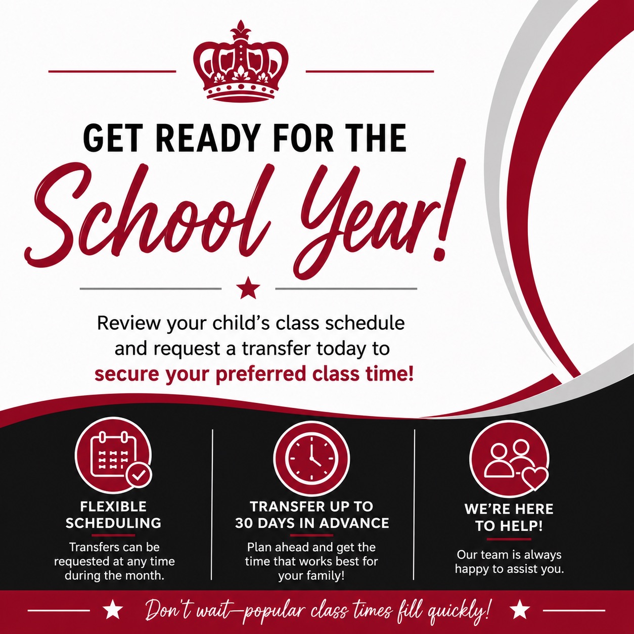 📚✏️ Back-to-school season is almost here!
As you start planning for the new school year, don’t forget to check your child’s gymnastics schedule! 🤸♀️
If your current class time won’t work with your family’s new school or after-school schedule, now is the perfect time to request a class transfer. Transfers can be requested at any time, but our most popular class times fill up quickly as school gets closer!
✅ Log into your Parent Portal to view available classes and submit your transfer request today.
Need help finding the perfect class? Our Customer Service Team is always happy to help you find a schedule that works best for your family. ❤️
We can’t wait for another amazing year of learning, growing, and flipping with our Premier families