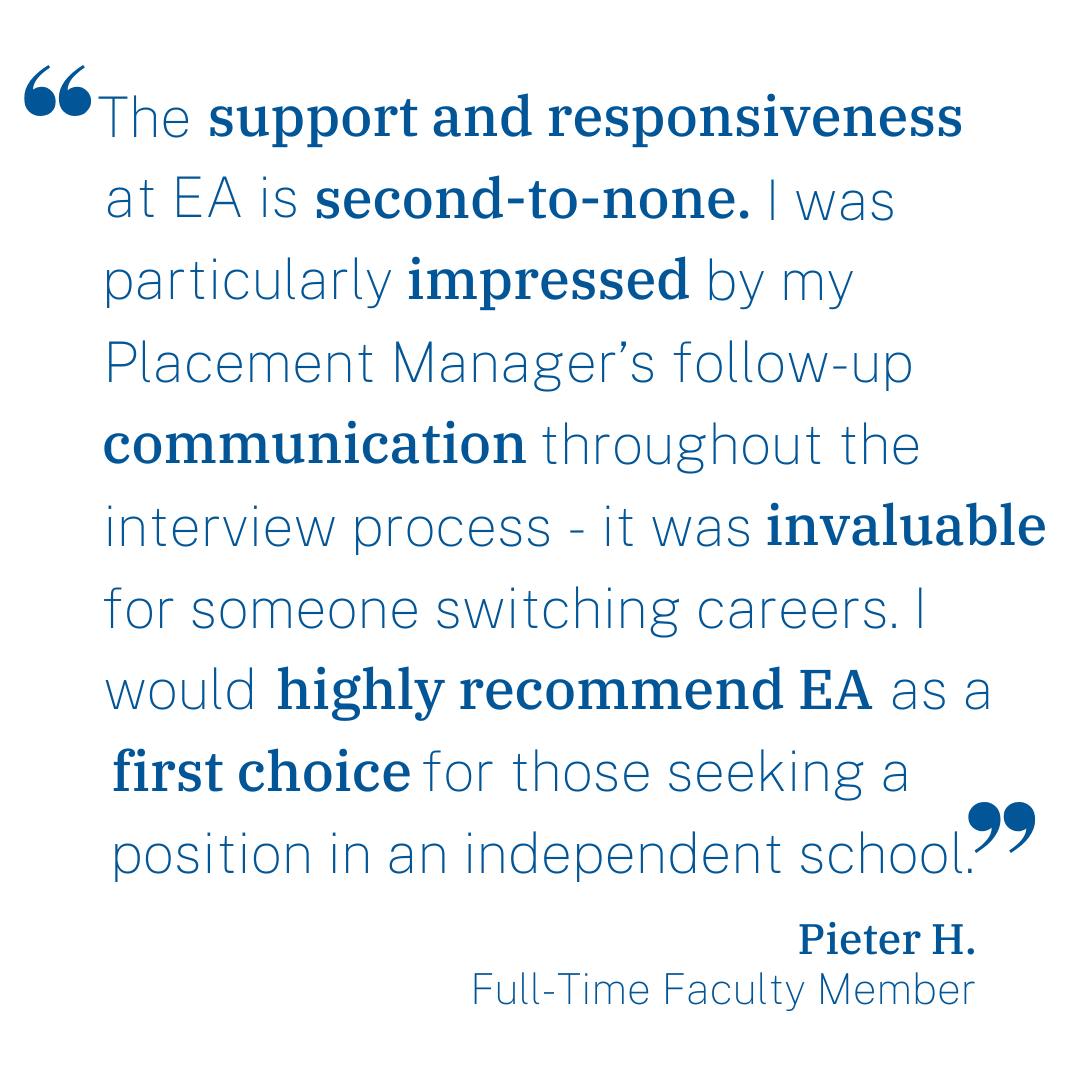 Interested in starting a job search? At no cost to candidates, EA pairs you with a dedicated member of our Placement Team who supports you at every stage — including early access to unlisted searches before they go public, plus resume and cover letter feedback, interview prep, and more.
When you work with EA, we respect your wishes and your time. There's no pressure to apply to the positions we share, and we won't put your file forward until you confirm your interest. Visit www.educatorsally.com to learn more.
.
.
.
#educatorsally #indyschools #privateschools #boardingschools #dayschools #education #jobsearch #jobsearching #teachers #teacherjobs #teaching #teachingjobs