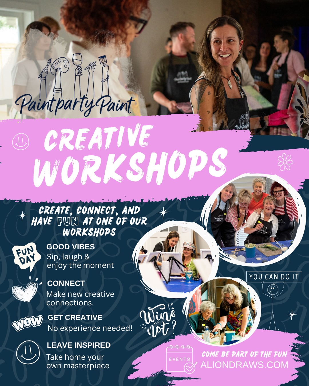 Whether you’ve never picked up a paintbrush before or you’re already an artist, our workshops are designed for you to have fun in a relaxed and welcoming environment.
In collaboration with other wonderful local artists, we offer a range of creative experiences—from painting and pottery to other inspiring hands-on workshops. Come along, meet like-minded people, enjoy a drink, have a few laughs, and leave with something you’ve created yourself.
No experience is needed—just bring yourself, and we’ll take care of the rest.
We’d love to welcome you to one of our upcoming workshops!
Visit aliondraws.com to see what’s coming up and come be part of the fun.
#workshop #localartists #funday #sippaint #paintpartypaint