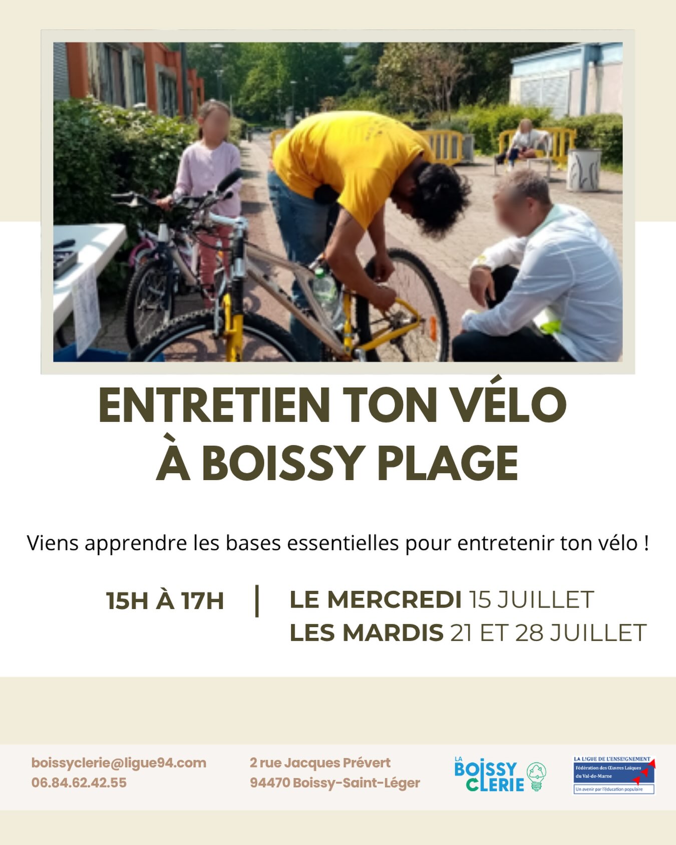 Envie d’apprendre à entretenir ton vélo et rouler en toute sérénité ?
Rejoins le technique cycle de La Boissyclerie à Boissy Plage pour apprendre les bons réflexes et prolonger la durée de vie de ton vélo en gagnant en autonomie lors de tes déplacements.
Atelier gratuit et ouvert à tous publics 🫶
#boissyplage #réparationvélo #valdemarne