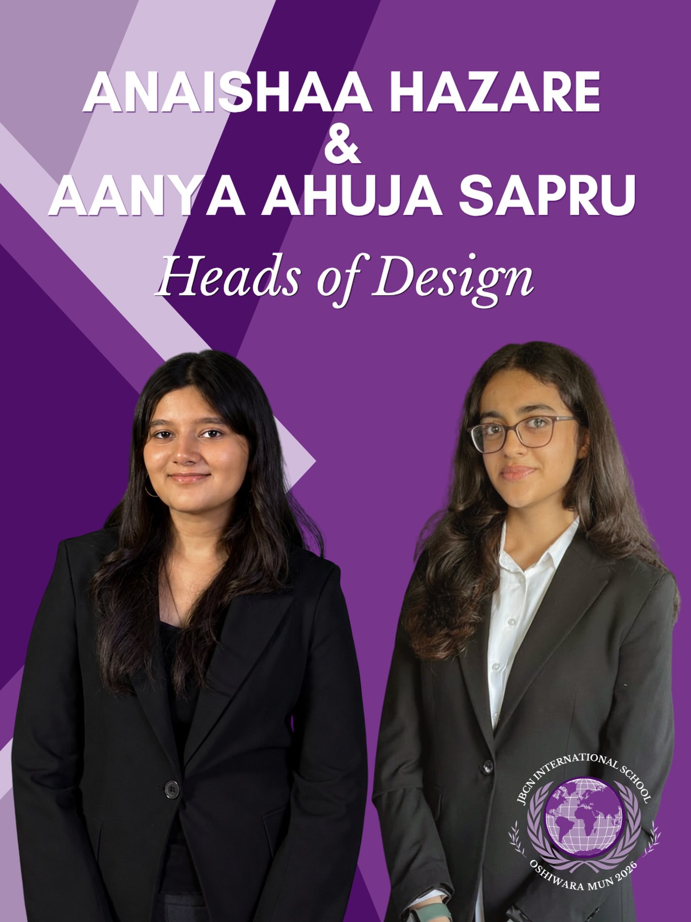 Introducing the Design Team!
Anaishaa Hazare, our detail-oriented Co-Head of Design, is always ready to experiment with new visual software. Passionate for creating digital content, she brings a sharp eye and her fail-proof perfectionism to the team. As the Head of Design for the GiveBack Collective, she regularly participates in creative projects and social media graphics, making her the perfect fit for this year's MUN. Her goal? To combine her interest in design with the experience she's enjoyed for years.
If anyone can juggle creativity and academic excellence, it's Aanya Ahuja Sapru, our Co-Head of Design. Aanya's dedication and hard work shows through her position as Deputy Head of CAS at JBCN, and her passion for the arts is never-ending. As for this year? She hopes to aid our school's conference and embody the role of Co-Head with discipline, excellence, and ease.
See you on the 5th and 6th of September!💜
#jbcnoshmun #jbcn #mun #jbcninternationalschool
#jbcnoshiwara