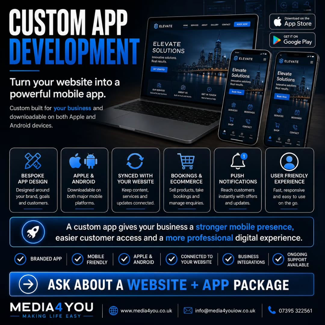 Media4You has 10 years experience in website design and development. This includes app designs for your business that can enable you to easily engage with loyal customers for things like accommodation bookings, online food ordering, restaurant reservation bookings, ecommerce online shop, or even just a blog! Visit our web design page today to play around with a free quote calculator or contact us to have a chat!
#isleofwight
#isleofwightwebdesigner
#isleofwightapp
#websiteapp
#bookings