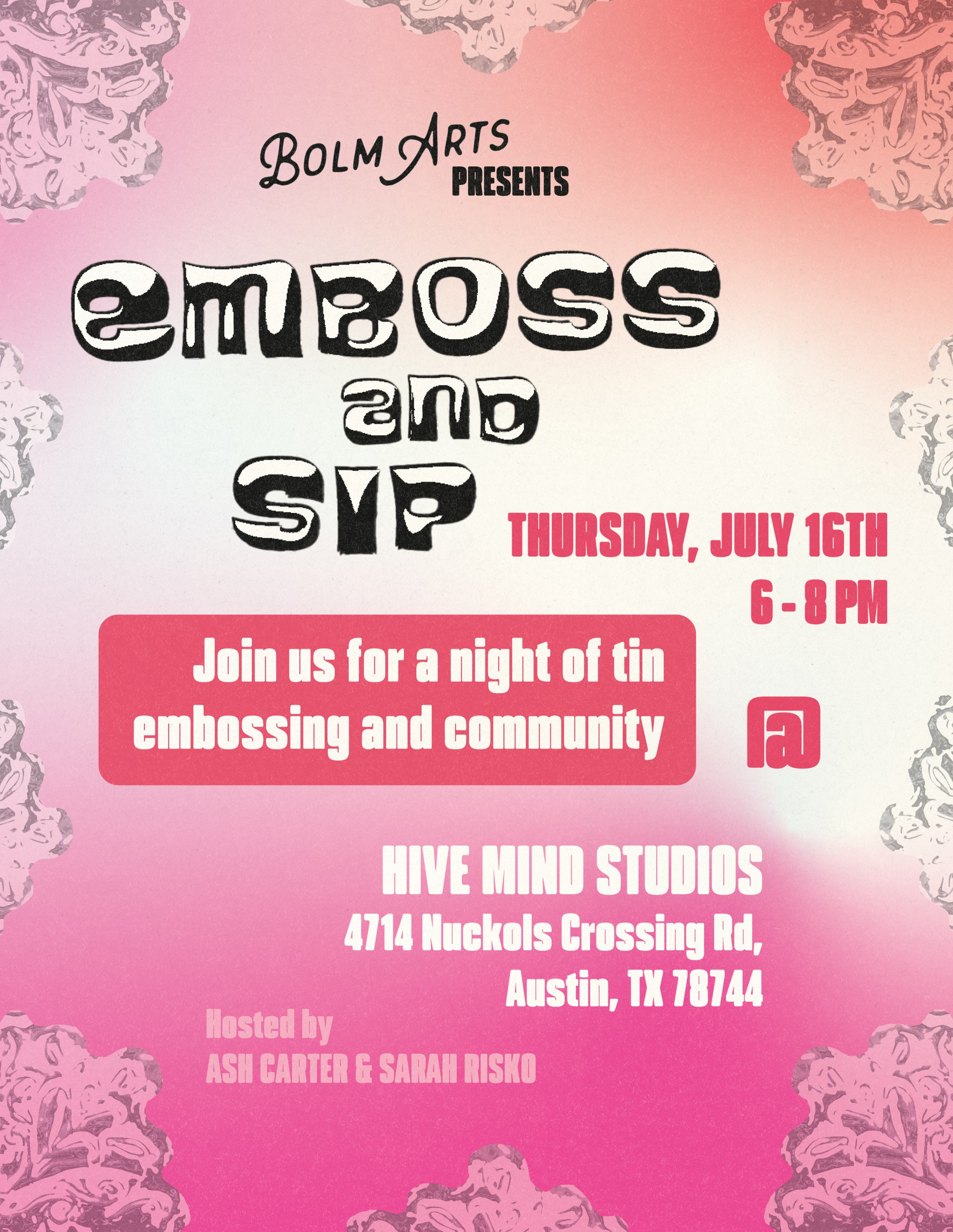 .
THURSDAY 7/16
6-8 PM @ Hive Mind Studios
EMBOSS AND SIP
Join us for a creative, hands-on workshop where you’ll transform recycled tin cans into 3D patterns and pictures through tin embossing! Using pre-cut tin shapes, you’ll learn the basics of tin embossing and create your own decorative piece to take home, whether as a hanging ornament or a pair of wearable earrings.
Enjoy complimentary drinks and mingle with fellow attendees for a fun night of creating!
Hosted by our lovely Bolm Arts collective members Ash Oreline Carter and Sarah Risko @_strangeviolet @mysharkbrain
Tickets are $20. TICKET LINK IN BIO under EVENTS, PROGRAMMING & RSVPS.
@hivemindatx