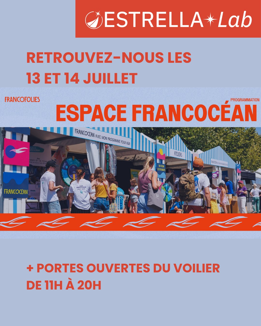 On sera aux Francofolies les 13 & 14 juillet!
Depuis plus de 40 ans, en juillet, La Rochelle vibre au son des Francofolies. Et cette année, Estrella Lab est invitée à la fête 🥳
La Team pose ses amarres à L'Espace FrancOcéan, aux côtés d'autres associations engagées pour la mer et l'environnement.
RDV les 13 et 14 juillet, cours des Dames, de 11h à 20h — entrée libre et gratuite.Le moment idéal pour rencontrer un bout de l'équipe et découvrir le projet.
À cette occasion, on ouvre les portes du voilier, sur les mêmes horaires ⛵️
On a hâte de vous y retrouver !