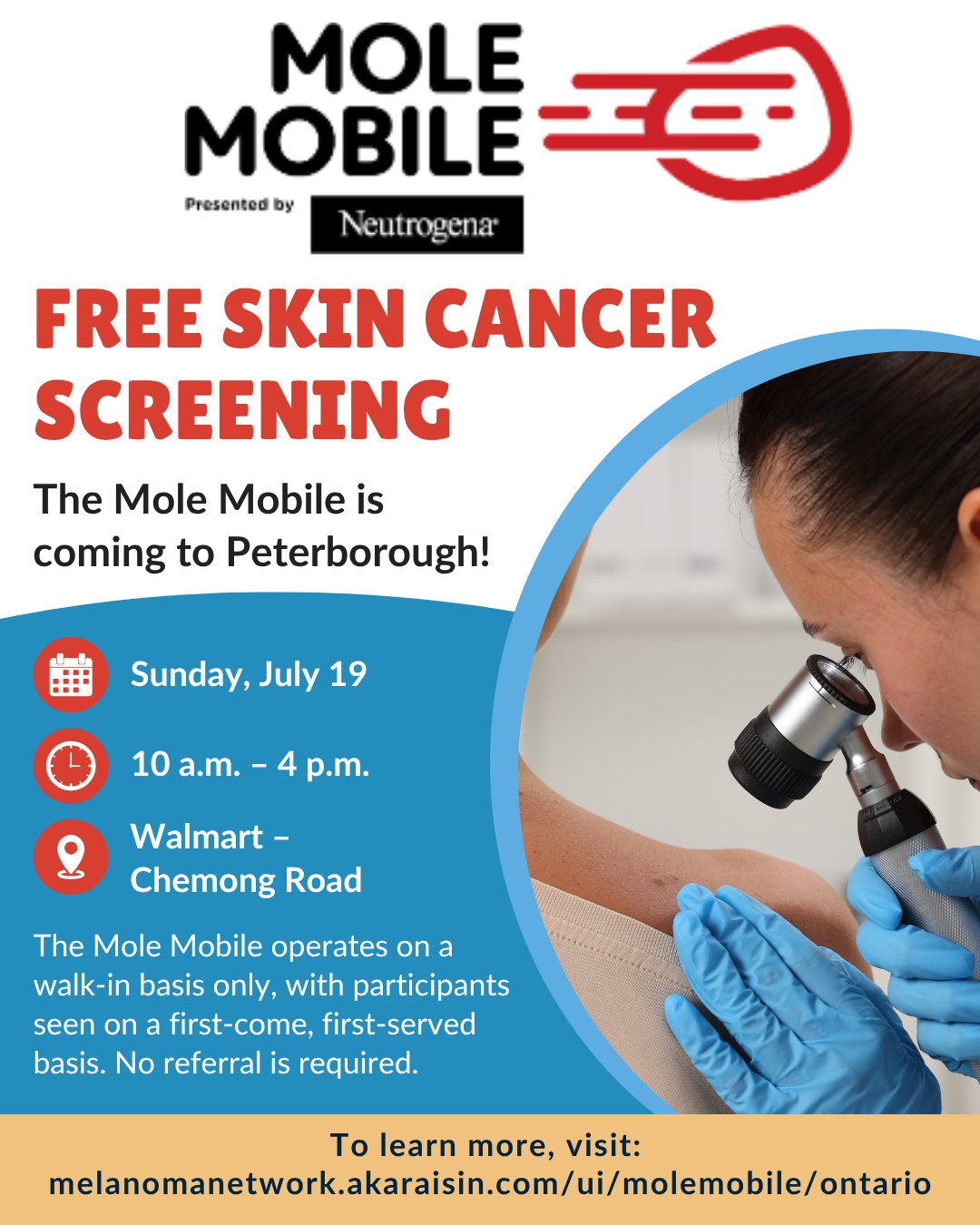 ☀️🩺 The Mole Mobile is coming to Peterborough!
Operated by Melanoma Canada, the Mole Mobile is a free mobile melanoma and skin cancer screening clinic traveling to communities across Canada. 🌎
📍 Walmart – Chemong Road, Peterborough