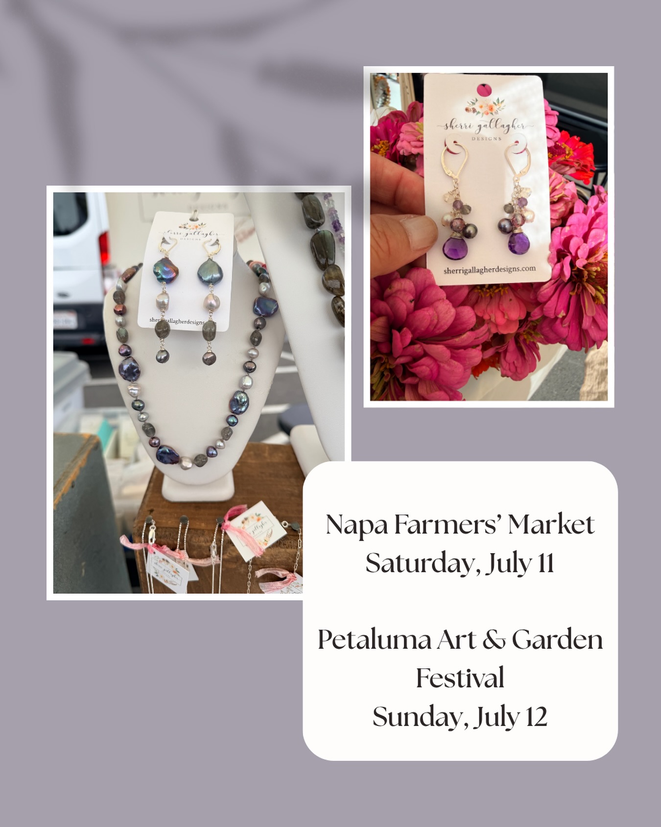 Here’s what’s coming up this weekend for Sherri Gallagher Designs.
I’ll be in my usual Saturday spot at the @napafarmersmkt from 8am to noon.
Sunday I’ll be at the Petaluma Art & Garden Festival from 11 to 5 on Kentucky st in front of Stellina Pronto bakery. More than likely, I’ll be eating one of their divine pastries.
Hope to see you this weekend!!!!
#handmadejewelry #winecountry #napavalley #petaluma #shoplocal