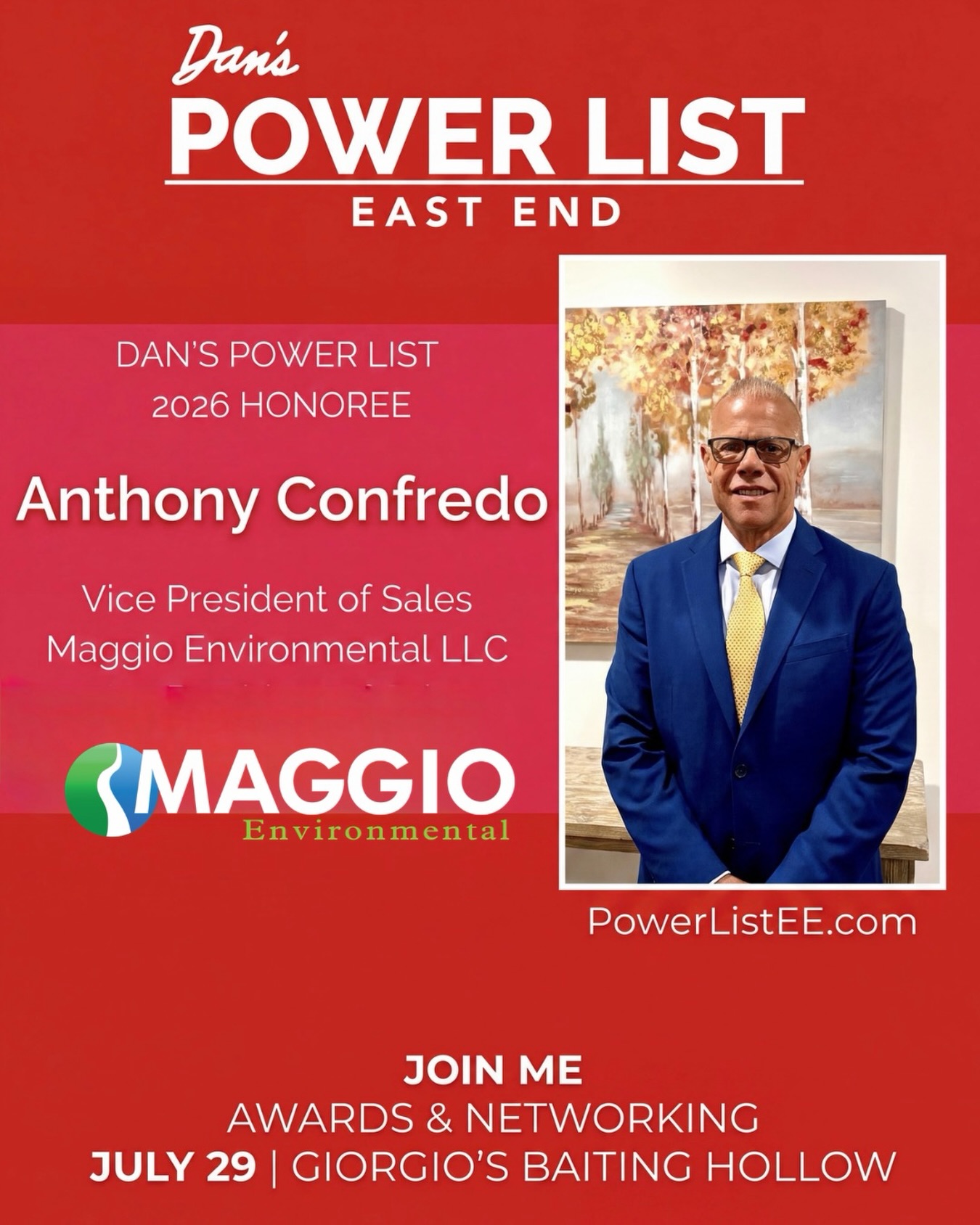 Congratulations to Anthony Confredo on being named a 2026 Dan’s Power List East End Honoree! 👏
This well-deserved recognition reflects Anthony’s decades of leadership, dedication, and commitment to excellence in the environmental services industry. As Vice President of Sales at Maggio Environmental, Anthony has built lasting relationships, helped drive innovation, and made a meaningful impact across Long Island and the East End.
We’re proud to see his hard work and leadership recognized among the region’s most influential professionals.
Congratulations, Anthony, on this outstanding achievement—we look forward to celebrating with you at the Dan’s Power List Awards on July 29!
#MaggioEnvironmental #DansPowerList #EastEnd #Leadership #LongIslandBusiness EnvironmentalServices Congratulations PowerList2026