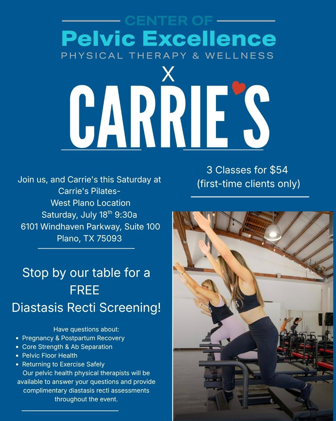 ✨ Come see us this Saturday! ✨
COPE PT is excited to be part of the Wellness Pop-Up at Carrie's Pilates West Plano this Saturday, July 18th, starting at 9:30 AM!
Stop by our table for a FREE diastasis recti screening and learn more about your core, pelvic floor, and overall wellness. Whether you're postpartum, experiencing core weakness, or just curious about your abdominal health, we'd love to meet you and answer your questions!
📍 Carrie's Pilates – West Plano
📅 Saturday, July 18
🕘 Starting at 9:30 AM
Bring a friend, say hello, and come support an amazing morning of health and wellness. We can't wait to see you there! 💙
#COPEPT #PelvicFloorPT #DiastasisRecti #PlanoTX #WestPlano #Women'sHealth #PostpartumRecovery #CoreHealth #DFWWellness #PhysicalTherapy #WellnessEvent #PelvicHealth