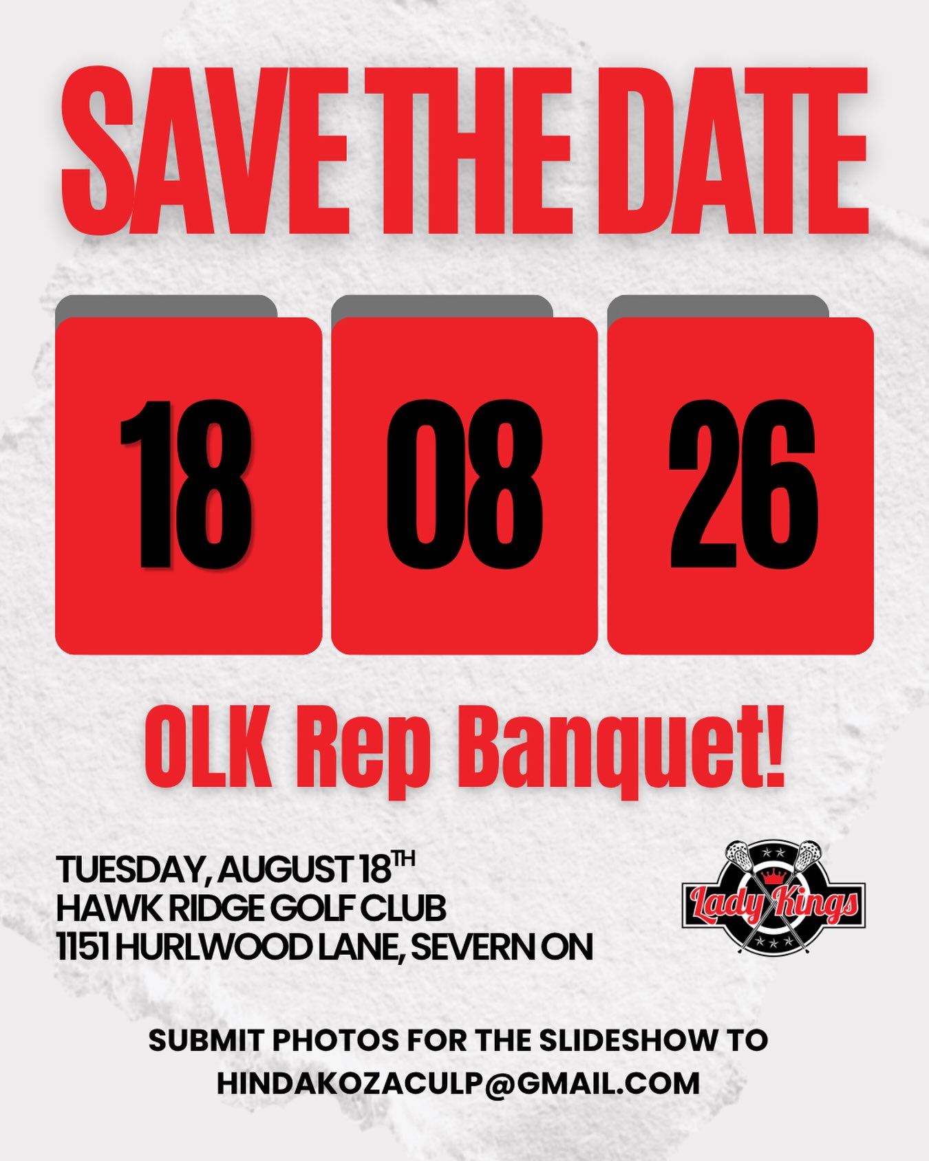 🏆 Join us as we celebrate another incredible Orillia Lady Kings season at our 2026 OLK Year-End Banquet! ❤️🥍
📅 Tuesday, August 18, 2026
📍 Hawk Ridge
🕠 Doors Open: 5:30 p.m.
🍽️ Dinner: 6:00 p.m.
OLK is pleased to cover the cost for all players, coaches, bench staff, and managers.
Parents and siblings are welcome to join the celebration for $55 per person.
📣 Players: Please let your team manager know if you’ll be attending, along with the number of parent/sibling tickets you require, by July 25.
We can’t wait to celebrate an amazing season with all of our players, families, coaches, and volunteers!
#orillialadykings #ladykingslax #olk #girlswholax