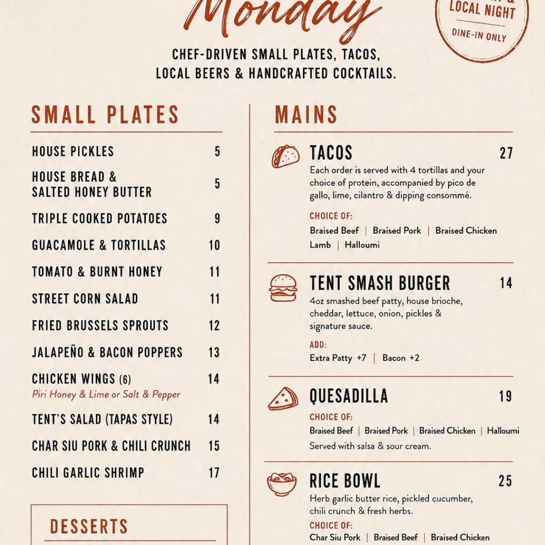 MONDAYS JUST GOT BETTER. 🌮🍻
Starting this Monday, join us for Tacos & Tapas Night at Tent Kitchen + Wine Bar.
A menu built for sharing, featuring chef-driven small plates, our signature braised tacos, rice bowls, quesadillas, smashed burgers, handcrafted cocktails and local beers.
Whether you're in the industry, a local, or just looking for a great Monday night out, we've got you covered.
Available Mondays only • No takeout • Local beers • Handcrafted cocktails • Chef-driven small plates
📍6273 County Rd 169, Orillia