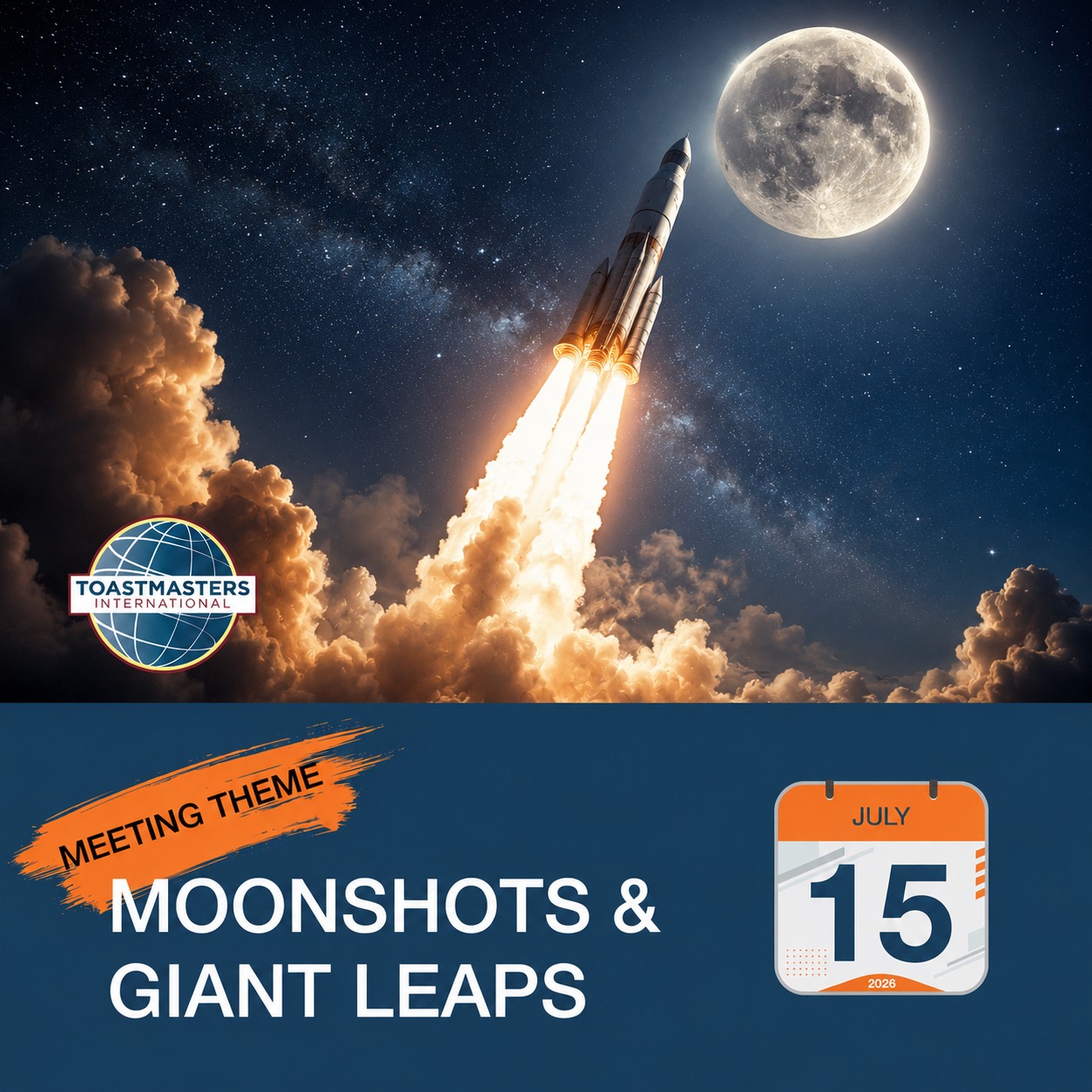 🚀🌕 Moonshots & Giant Leaps 🌕🚀
What bold dream have you been waiting to pursue?
A moonshot begins with an ambitious idea. A giant leap begins with the courage to take the first step.
Join us for an inspiring evening of speeches, spontaneous speaking, and meaningful conversations as we explore the goals, breakthroughs, and courageous decisions that can transform our lives.
🌿 Fun Table Topics
💬 Supportive community
✨ Personal growth
📅 Wednesday, July 15, 2026
🕖 7:00 PM PT
🌐 www.unicorntribetoastmasters.ca
📧 unicorntribetoastmasters@gmail.com
Guests are always welcome!
Come share your ideas, strengthen your voice, and take your next giant leap with us.
#Moonshots #GiantLeaps #Toastmasters #PublicSpeaking #Leadership #PersonalGrowth #CommunicationSkills #VancouverEvents #RichmondBC #OnlineEvents #UnicornTribeToastmasters #FindYourVoice