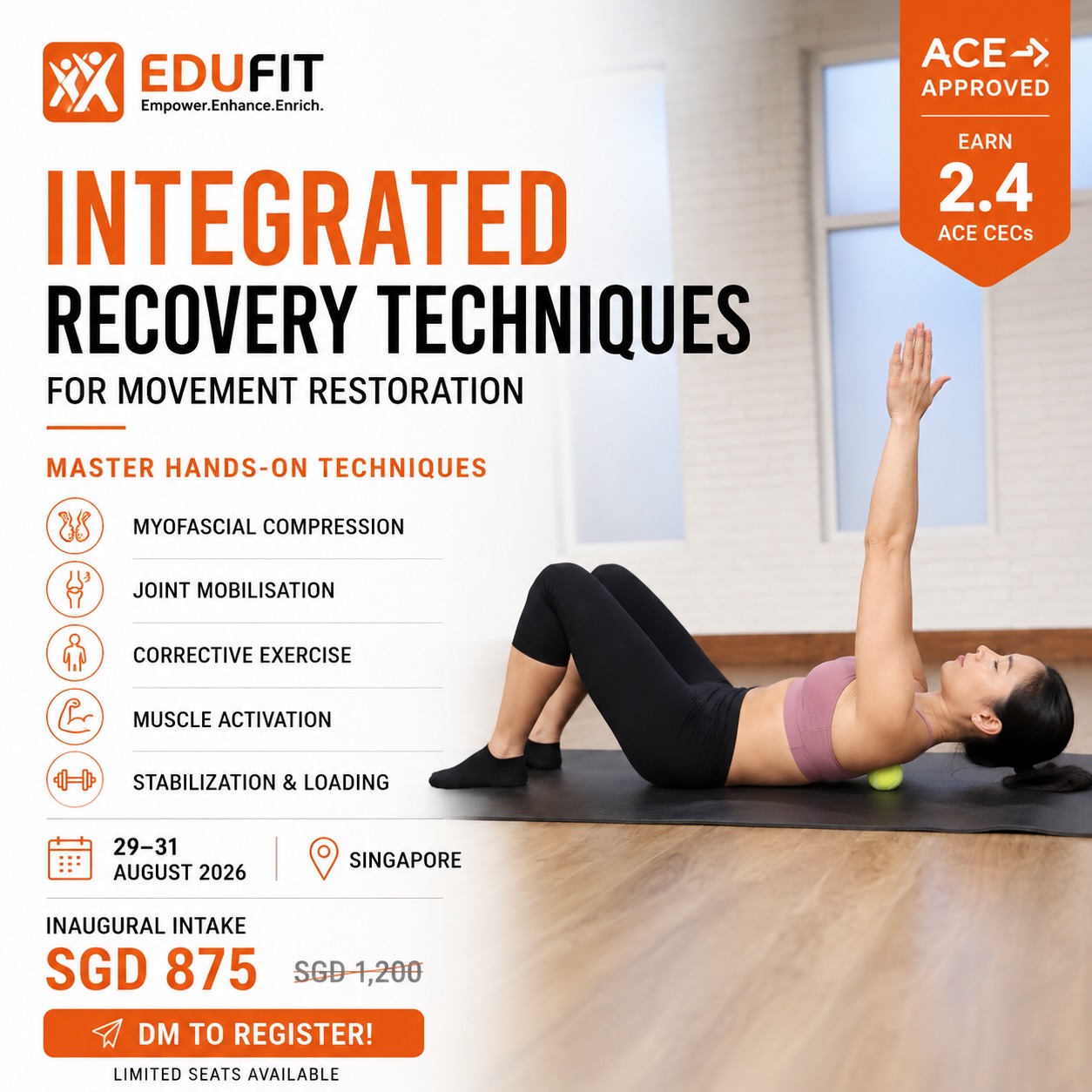 🚨 REGISTRATIONS NOW OPEN! 🚨
Take your coaching, therapy, and movement restoration skills to the next level with our Integrated Recovery Techniques for Movement Restoration course.
This intensive 3-day hands-on program is designed for:
✅ Personal Trainers
✅ Strength & Conditioning Coaches
✅ Sports Massage Therapists
✅ Physiotherapists & Rehab Professionals
✅ Fitness Instructors
✅ Sports Coaches
✅ Fitness Enthusiasts seeking deeper knowledge in recovery and movement optimization
Learn practical techniques that can be immediately applied to help clients move better, recover faster, and perform at their best:
🔹 Myofascial Compression Techniques
🔹 Joint Mobilisation Methods (Band distraction)
🔹 Corrective Exercise Integration
🔹 Muscle Activation Strategies
🔹 Stabilization & Load Progressions
📅 29, 30 & 31 August 2026
📍 Singapore
💰 Inaugural Intake Promo: SGD 875 (U.P. SGD 1,200)
🎓 ACE Approved – Earn 2.4 CECs
⚠️ Limited seats available to ensure a quality hands-on learning experience.
📩 DM us now to secure your place and be part of the inaugural intake!
#movementrestoration #fitnesseducation #sportsg #sportstherapy #personaltrainingsingapore