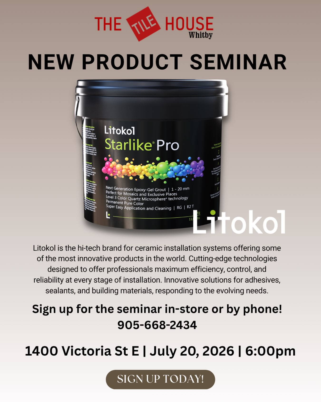 We are hosting a FREE seminar for our contractors who want to know more about Litokol Epoxy Grout and other products available soon at The Tile House!
Come join us at our Whitby location on Monday July 20th ✨
📍Please call us at 905-668-2434 or visit us in-store to register!
#productseminar #epoxy #newproductalert‼️ #tileinstallation