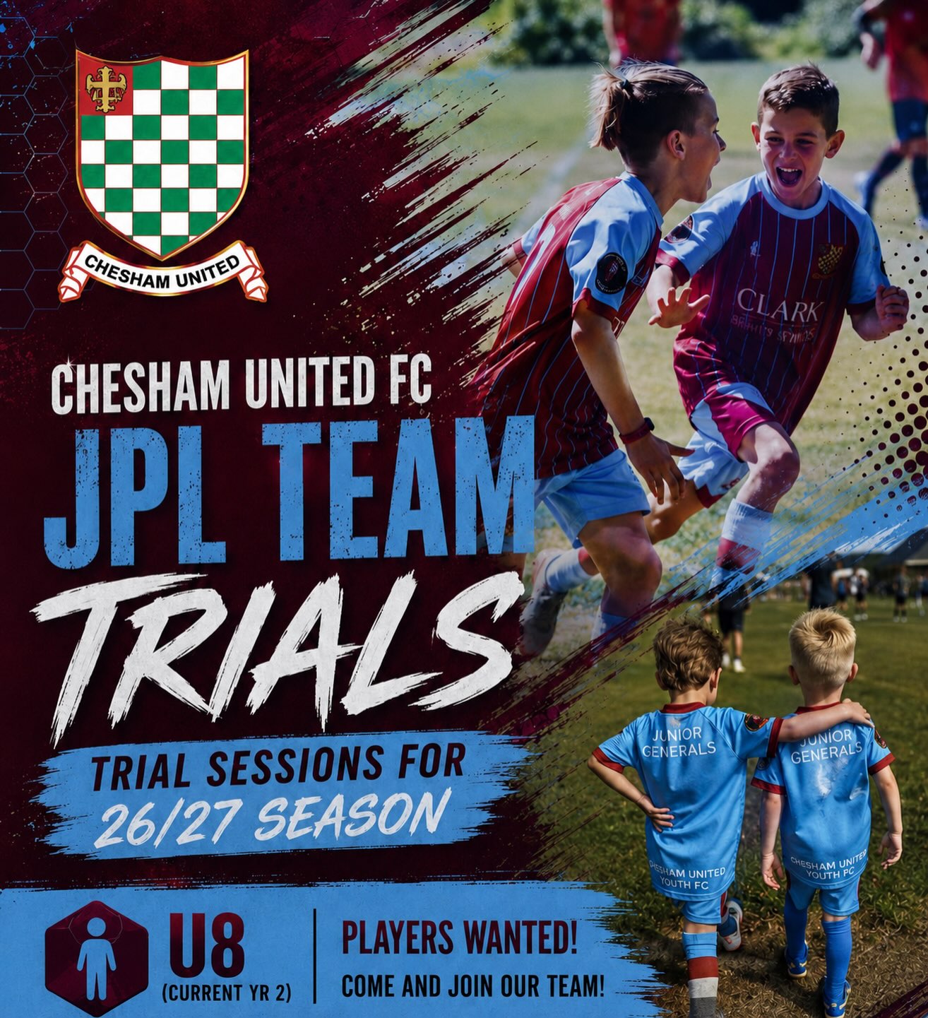 Players wanted for u8s (current u7s) JPL team. Last few spaces remaining including goalkeeper. Fantastic opportunity to be part of @football_focused_excellence and experience their coaching plus playing for @cheshamunitedyouthfc. Final trial taking place Wednesday 15th July at 6pm. Contact Football_Focused_E@hotmail.com