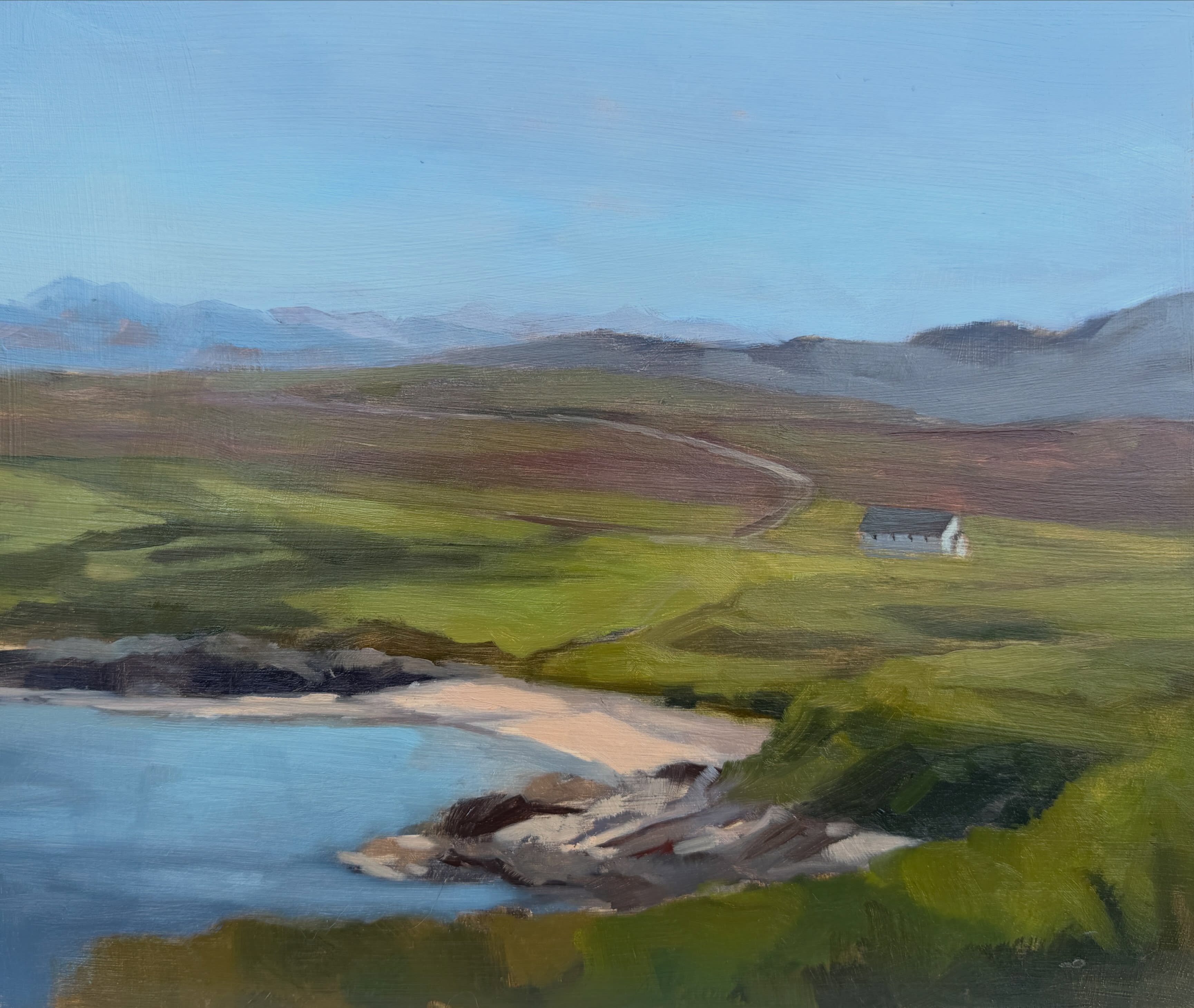 Another day in Scotland-
a long walk and a short paint out ( while Angus and dog do another epic tramp through the highlands. Poor Bella is exhausted)
This is the beach next to my favourite beach in the whole world, and the “ bayview bungalows” above it.
Why did I not paint Kirsty’s beach ?( my favourite?) .
Partly because I have painted it approximately 150000 times from all angles , and have approximately a million photos of it already on my iPhone.
And partly because I really liked the shape of the road above this adjacent beach.
It’s as simple as that.
A jaunty bend in the road
I am that shallow
#bayviewbungalows #nc500 #paintforfun #scotlandiscalling #highlandsandislands