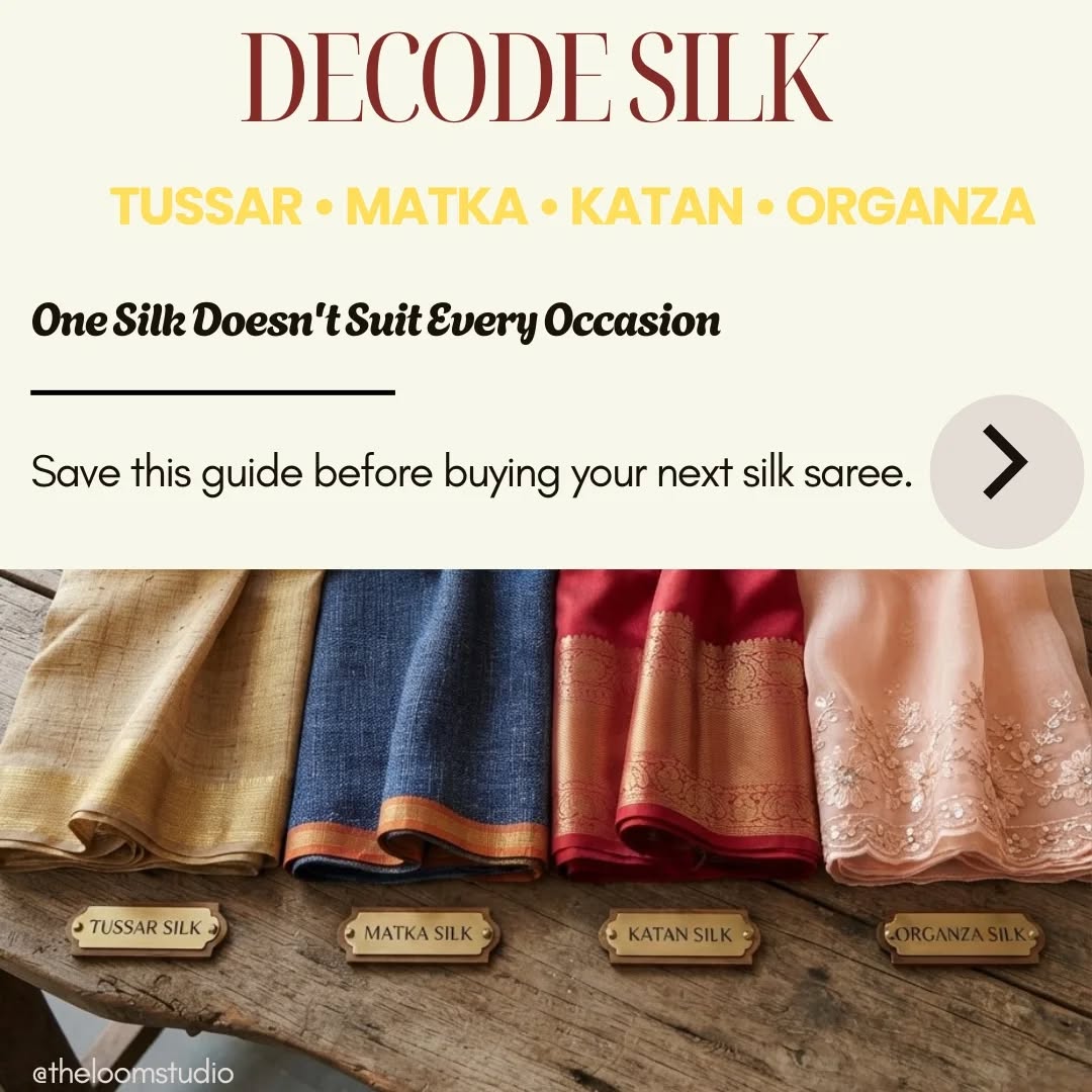 Not all silk sarees are created equal—and that's what makes them so special.
From the earthy elegance of **Tussar** and the rustic charm of **Matka** to the timeless luxury of **Katan** and the airy sophistication of **Organza**, each silk has its own texture, drape and occasion.
Understanding these differences helps you choose a saree that not only looks beautiful but also feels right for the moment.
Which silk is your favourite? Tell us in the comments.
💛 Save this guide for future reference and share it with someone who loves handcrafted textiles.
( saree love, silk sarees, indian textiles, saree for every occasion, the loom studio)
#indiantextiles #slowfashion #sareeindia #sareeinspiration #fashiontips
