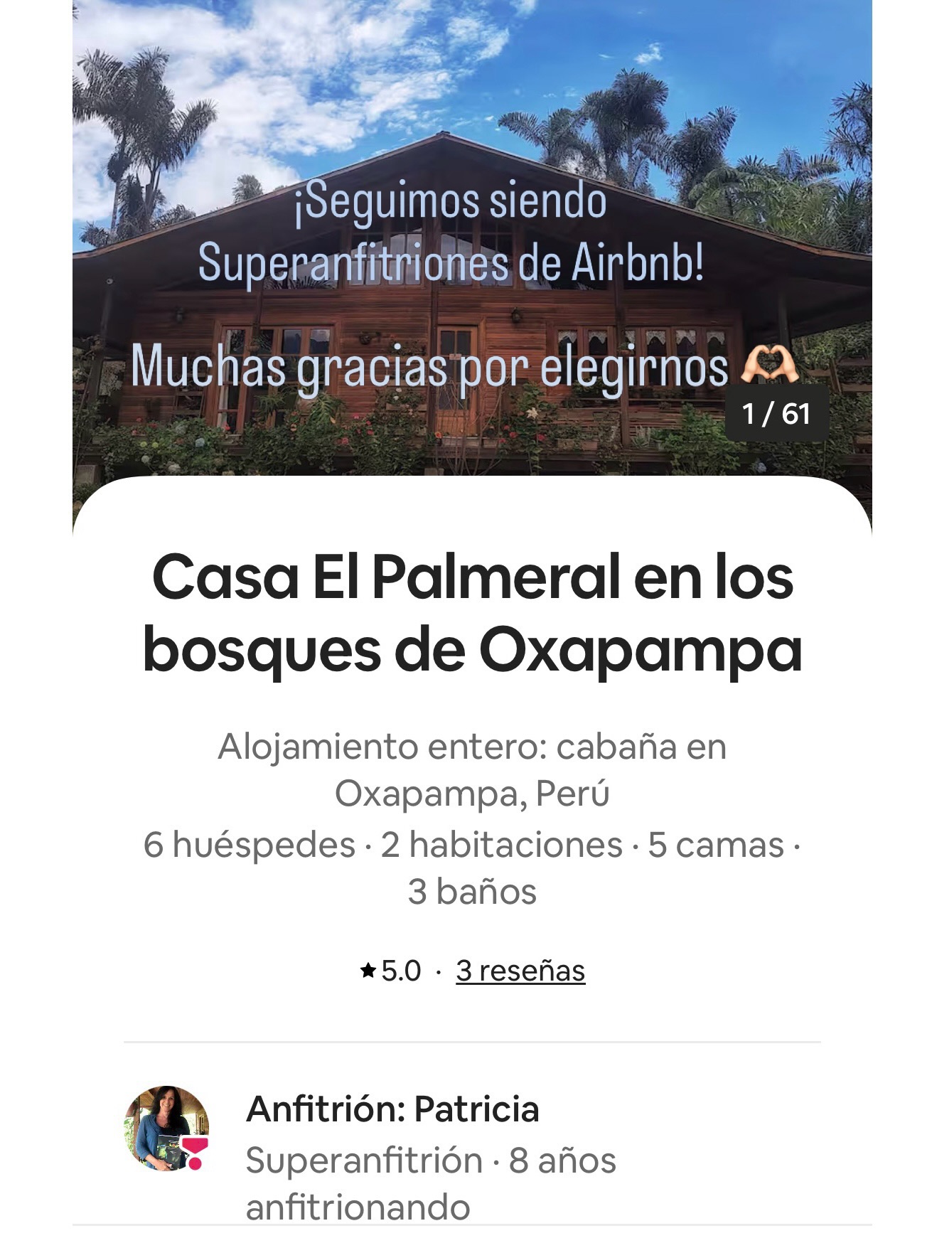 Me siento feliz y muy agradecida por las excelentes reseñas de mis huéspedes, por elegir este paraíso y así contribuir a la conservación del bosque.
¡MUCHAS GRACIAS!
Para informes y reservas escríbeme por MD o al WhatsApp 953810763
#oxapampa #elpalmeral_oxapampa #airbnb #hospedaje #caminatas