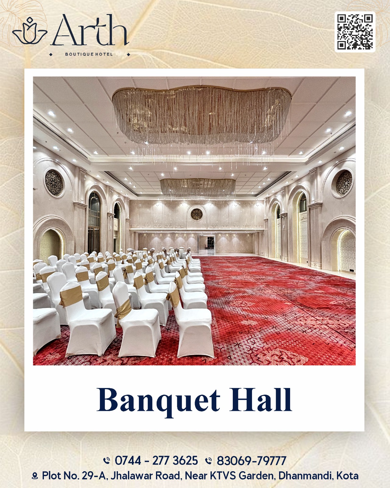 ✨ Celebrate your special moments in style at Arth Boutique Hotel's elegant Banquet Hall. 💫
Perfect for weddings, engagements, birthdays, corporate events & more.
📍 Plot No. 29-A, Jhalawar Road, Near KTVS Garden, Dhanmandi, Kota, Rajasthan
📞 0744-277 3625 | 83069-79777
🌐 www.arthboutiquehotel.com
.
.
#ArthBoutiqueHotel #BanquetHall #KotaEvents #WeddingVenue #LuxuryEvents #CorporateEvents #BirthdayCelebration