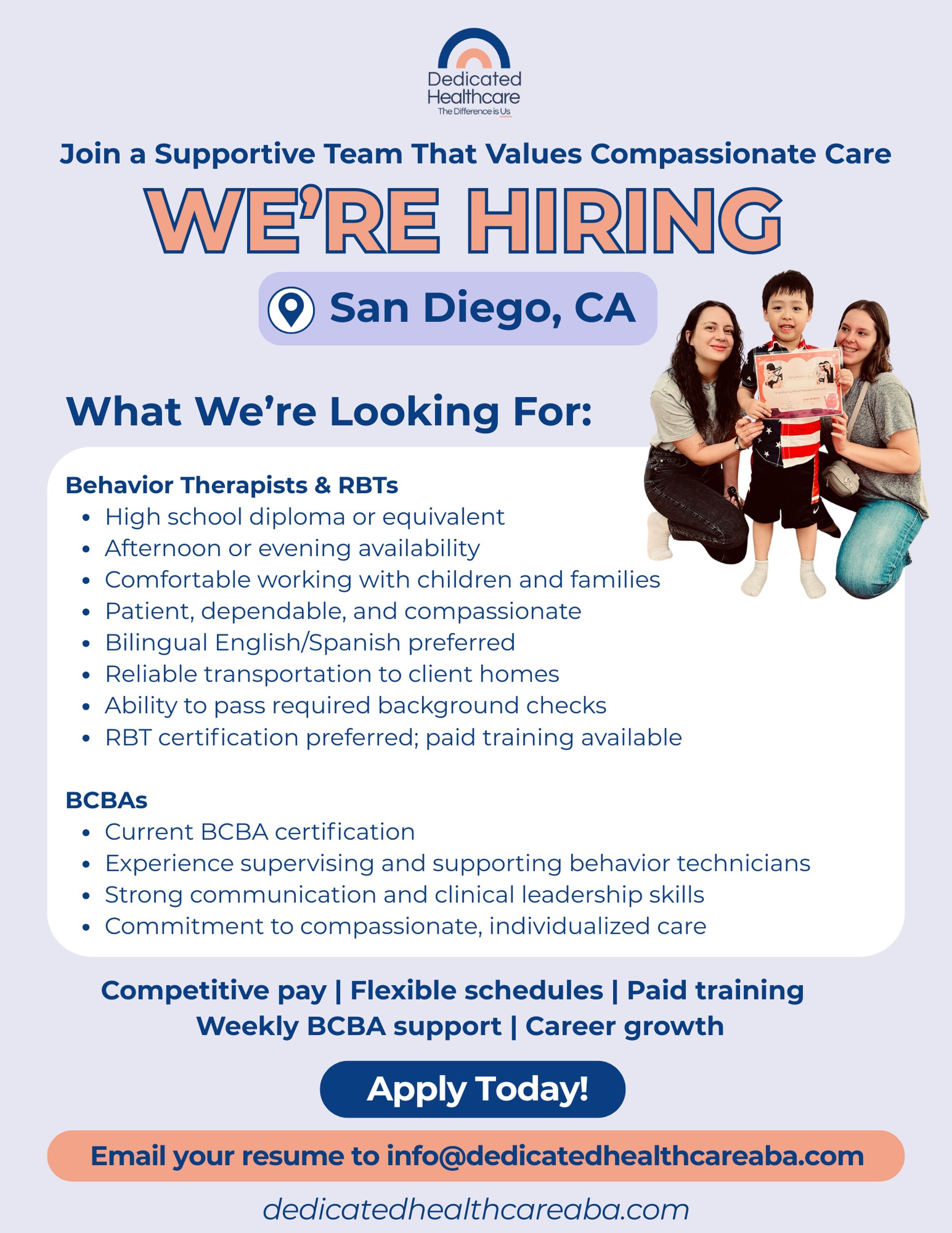 We’re hiring in San Diego! 🩶
Join a compassionate, supportive team where your work makes a meaningful difference in the lives of children and families. Dedicated Healthcare is currently hiring:
✨ Behavior Therapists
✨ Registered Behavior Technicians
✨ Board Certified Behavior Analysts
We offer competitive pay, paid training, flexible schedules, weekly BCBA support, and opportunities for career growth. No experience is required for entry-level Behavior Therapist positions—we’ll help you get started!
📩 Send your resume to info@dedicatedhealthcareaba.com
#nowhiring #sandiegojobs #healthcarecareers #bcba #rbt
