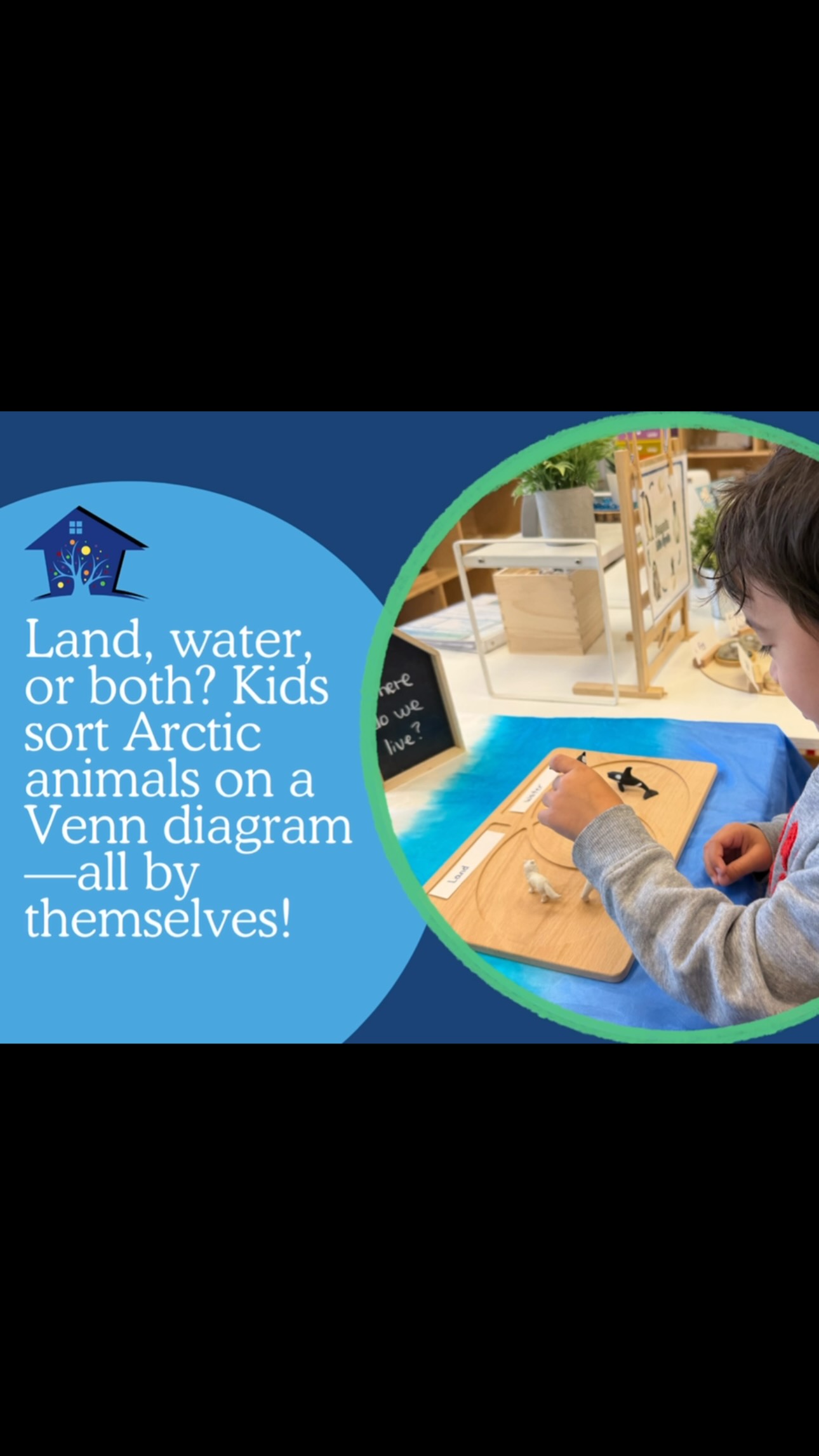 Picture a child leaning over a curated learning provision of a Venn diagram, tiny fingers hovering over a polar bear. “Land or water?” they wonder aloud. Then they pause, remember the polar bear swims too, and gently place it right in the middle. No teacher told them the answer. They figured it out themselves. That quiet moment of discovery is exactly what learning should feel like.
At Kinderhouse, we believe children learn best when they touch, move, explore, and wonder. That’s why in addition to our Montessori materials, our educators create our own bespoke hands-on learning materials and provisions with purpose, designed exclusively for our students. In this piece, you’ll see how our Arctic animal Venn diagram activity sparks independent thinking, scientific curiosity, and a genuine love of discovery.
Join us today at any one of our campuses to learn more about our unique atelier-style approach that supports young children’s overall development.