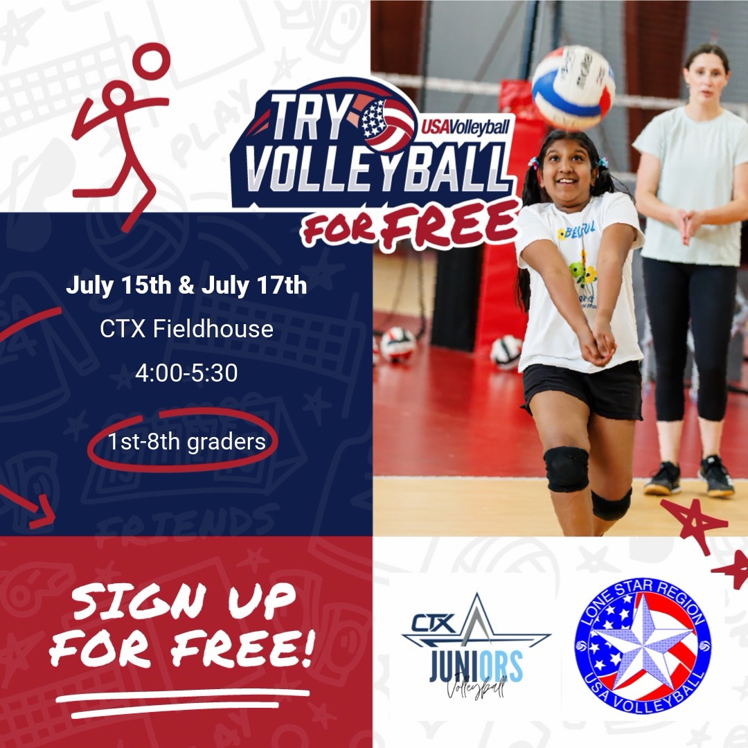 We are excited to announce that we have partnered with usavvolleyball to bring Try Volleyball to Buda, TX! This is a completely free introductory clinic for athletes going into 1st-8th grade! No equipment needed, just drop them off and let me fall in love with the sport of volleyball!
📆 Wednesday, July 15th 4:00-5:30pm
📆 Friday, July 17th 4:00-5:30pm
👤 incoming 1st-8th graders
🔗 in bio to register!
#tryvolleyball #usavolleyball #freevolleyballclinic