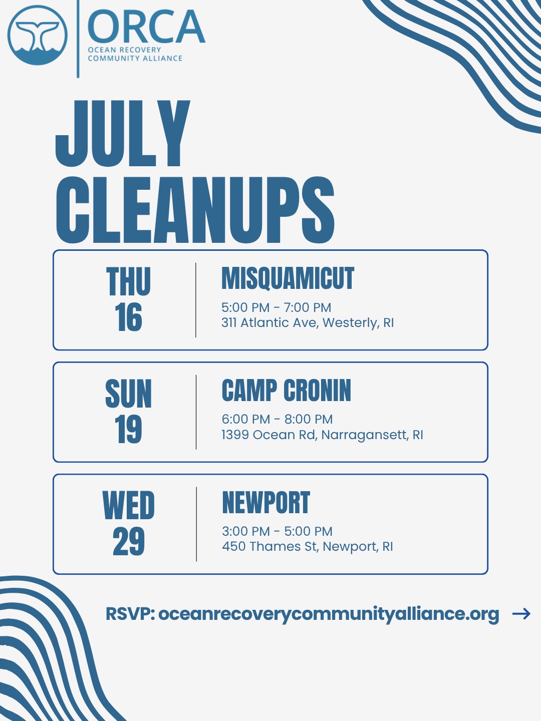 July is packed with chances to show up for our coast 🌊
Join ORCA for three community cleanups across Rhode Island this month. Whether you’re in Misquamicut, Narragansett, or Newport, every hour you give helps create cleaner shorelines and a stronger coastal community.
Come meet great people, spend time by the water, and make a real difference together.
#BeachCleanup #OceanConservation #VolunteerToday #RhodeIsland #ProtectOurCoast
