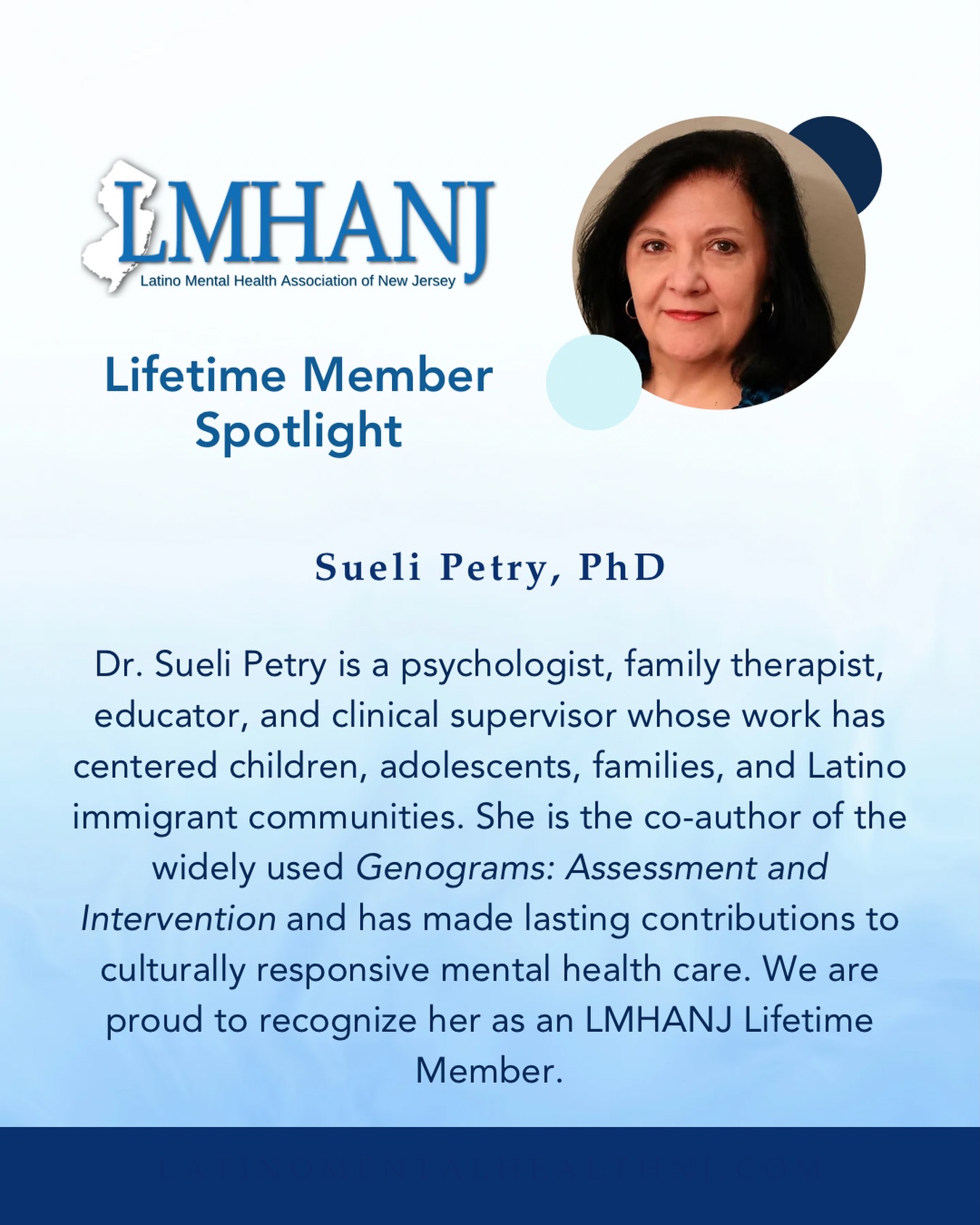 We’re proud to recognize Dr. Sueli Petry, PhD, LMHANJ Lifetime Member and past president of LPANJ, for her longstanding dedication to multicultural mental health care, family therapy, and mentorship.
Through her work with children, families, and immigrant communities, Dr. Petry has made a lasting impact on the field and on future generations of clinicians.
Become an LMHANJ member to connect with a community committed to advocacy, collaboration, and culturally responsive mental health care!
#lmhanj #lifetimemembership #lifetimemembers #latinxmentalhealth