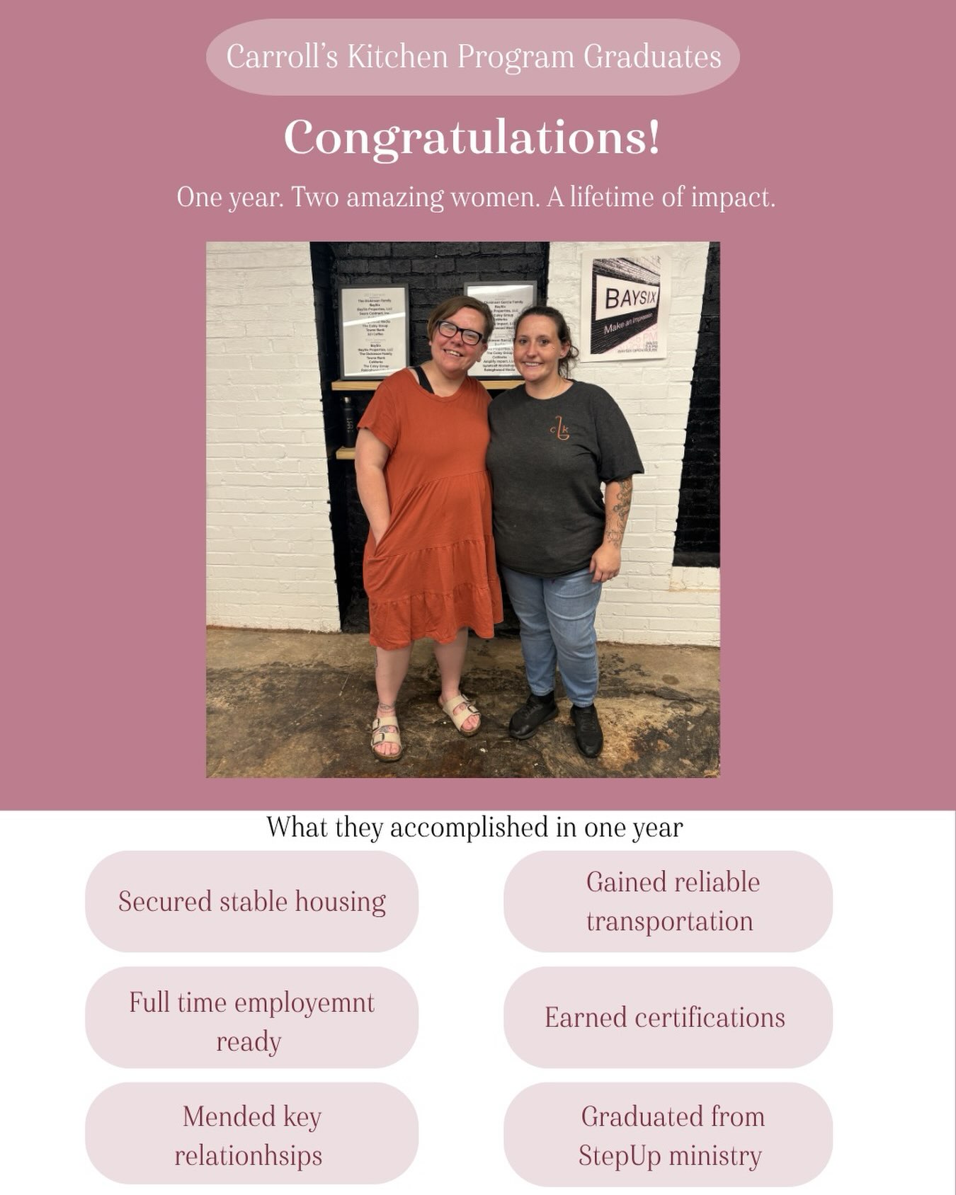 Celebrating our two most recent Carroll’s Kitchen graduates! 🎓🩷
We are so incredibly proud to celebrate Tiffany and Juanita — two of the most hardworking, determined, and inspiring women to come through Carroll’s Kitchen’s Restorative Employment Program.
Tiffany and Juanita — we are endlessly proud of you both. This kitchen is better because you were in it. We cannot wait to see everything that comes next. 🤍
#CarrollsKitchen #RestorativeEmploymentProgram
#ProgramGraduates
#WomenEmpowerment #WomenWhoInspire