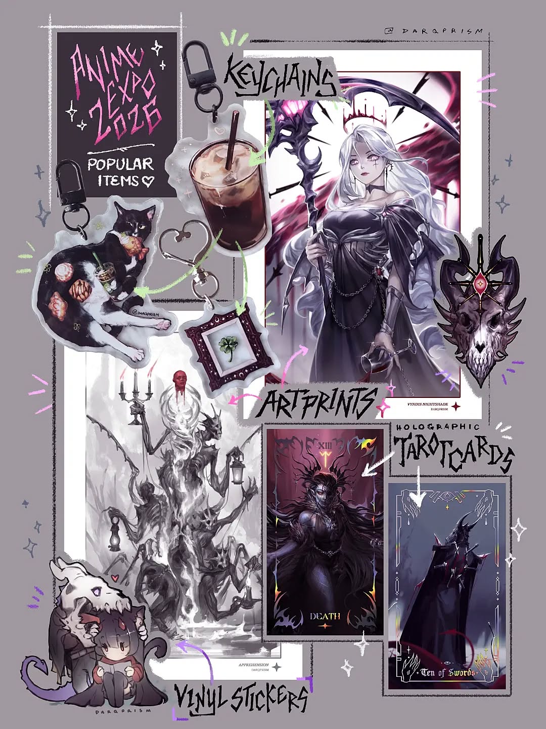 What stuffs was most popular at my artist alley booth at Anime Expo? 🤔 ☆ All items now up on my shop!
I'm happy to see some of my favorites were also my customers' favorites too! I stuck to my top 4 categories:
《 11x17 ART PRINTS 》
☆ 1 : Vyndis Nightshade
☆ 2 : Apprehension
《 TAROT CARDS 》
☆ 1 : Death
☆ 2 : Ten of Swords
《 KEYCHAINS 》
☆ 1 : Framed Clover
☆ 2 : Bakery Glutton Cat
☆ 3 : Cloud Coffee
《 STICKERS 》
☆ 1 : Maivos
☆ 2 : Chomp My Love
So many items tied for 3rd place and came close to 2nd. To no surprise there is always a clear favorite of each category, but then there is wide variation after that.
It is always very cool to see what struck a cord with the most people at an event! Especially because each event can show very unique preferences.
#darkfantasyartist #animeartist #monsterart #gothicartist #tcgartist