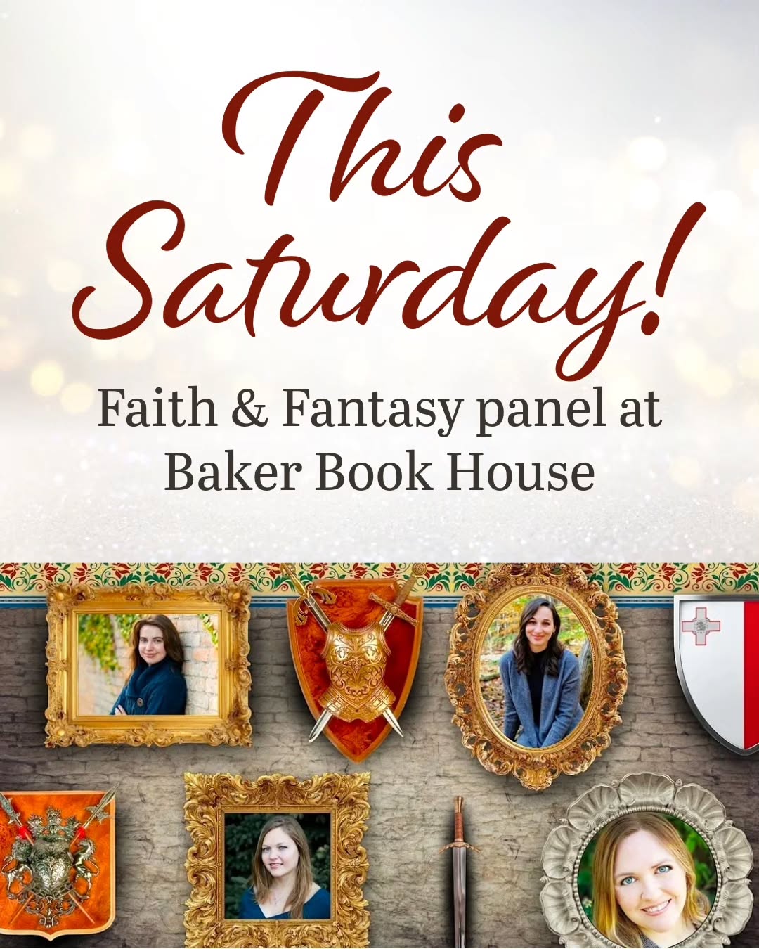 If you'll be in the Grand Rapids area, come join us starting at 2pm this Saturday at @baker_book_house ! We'll be chatting faith and fantasy and it's going to be a great time.
I'm honored to be on the panel with
@s.d.grimm
@lsmythbooks
and @angiedickinsonbooks !
There will be time for an audience Q&A, and then a book signing at 4 p.m! I can't wait to meet you there. ☺️