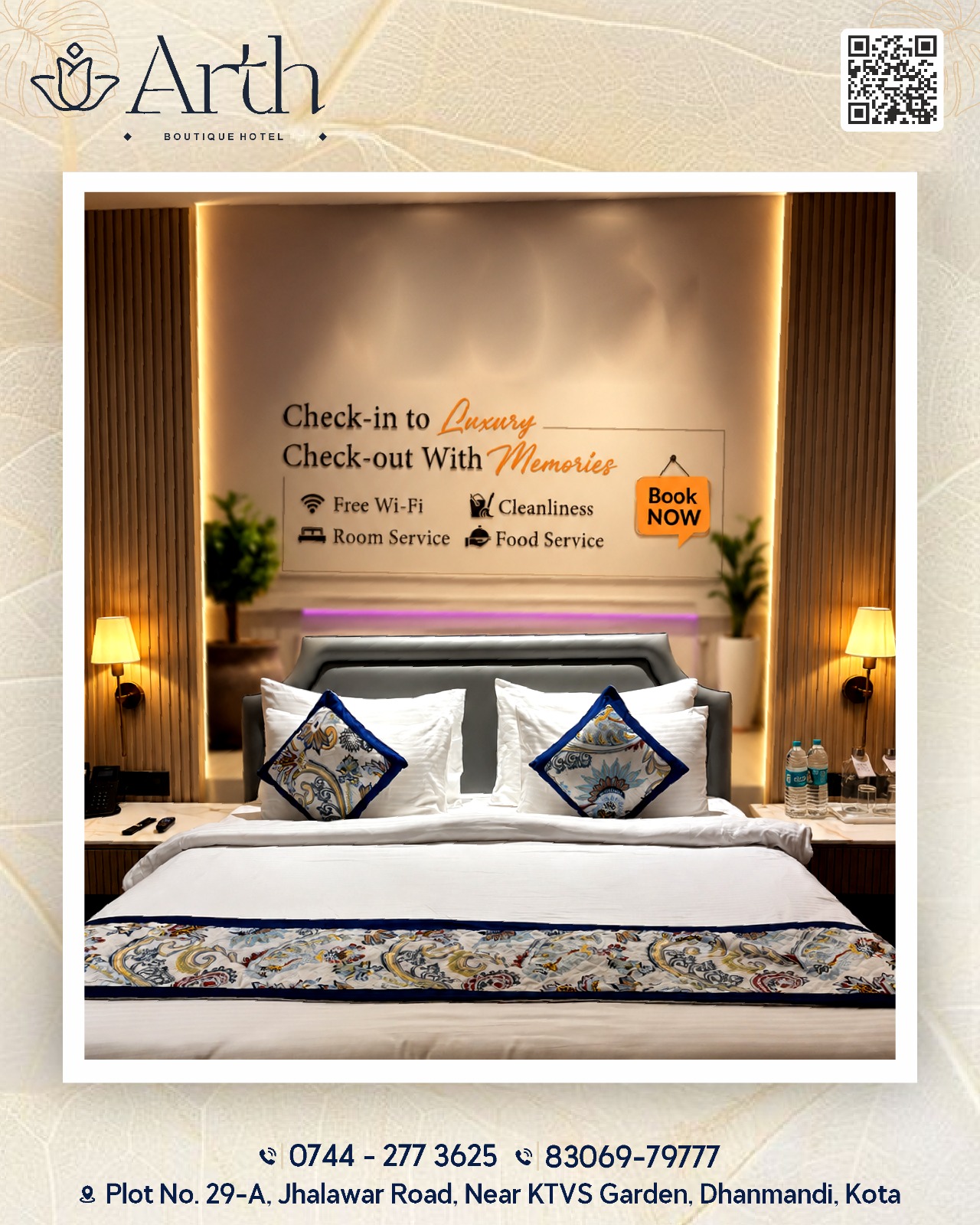 ✨ Check-in to Luxury, Check-out with Memories. 🛏️
Experience comfort, elegance, and warm hospitality at Arth Boutique Hotel. Book your stay today!
📍 Plot No. 29-A, Jhalawar Road, Near KTVS Garden, Dhanmandi, Kota, Rajasthan
📞 0744-277 3625 | 83069-79777
🌐 www.arthboutiquehotel.com
.
.
#ArthBoutiqueHotel #StayInKota #LuxuryStay #BoutiqueHotel #HotelInKota #TravelKota #WeekendGetaway #ComfortAndLuxury #BookNow #Hospitality