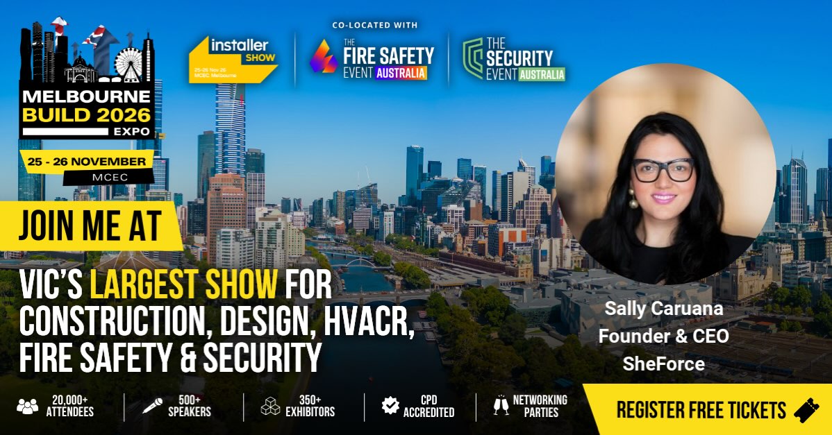 Our CEO Sally will be attending Melbourne Build (25-26 Nov, MCEC)! Register your free tickets 👉 https://app.ingo.me/q/o74ut Co-located with InstallerSHOW Melbourne, Fire Safety Event Australia, and Security Event Australia, it’s the ultimate meeting place for the built environment industry. Will Sally see you there? #melbournebuild #sheforce