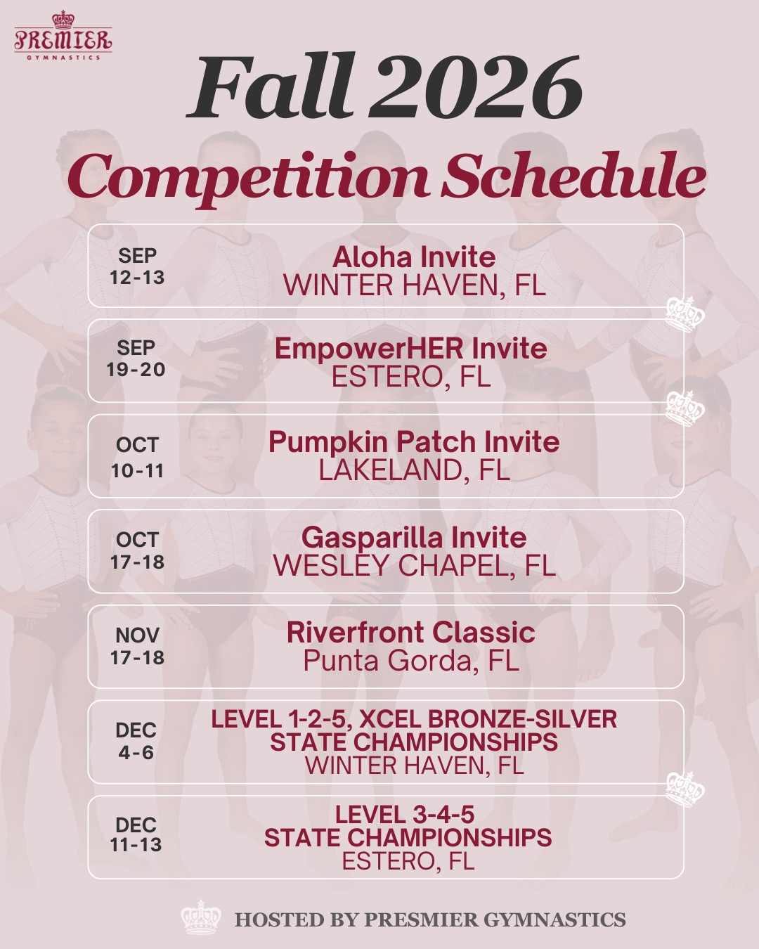 ✨ The 2026 Fall Competition Season is almost here! ✨
Our Level 2, Level 3, Level 4, Xcel Bronze, and Xcel Silver teams are ready to kick off an exciting season of hard work, growth, and unforgettable moments. 👑
We’re excited to watch our athletes showcase everything they’ve been working for in the gym. Every meet is an opportunity to learn, grow, and celebrate the dedication these gymnasts bring each day.
📅 Check out our 2026 Fall Meet Schedule on the flyer and mark your calendars! We can’t wait to see our Premier families cheering from the stands!
Let’s make this season one to remember. ❤️🤍
#PremierGymnastics #PremierPride #CompetitionSeason #Fall2026 #USAGymnastics
