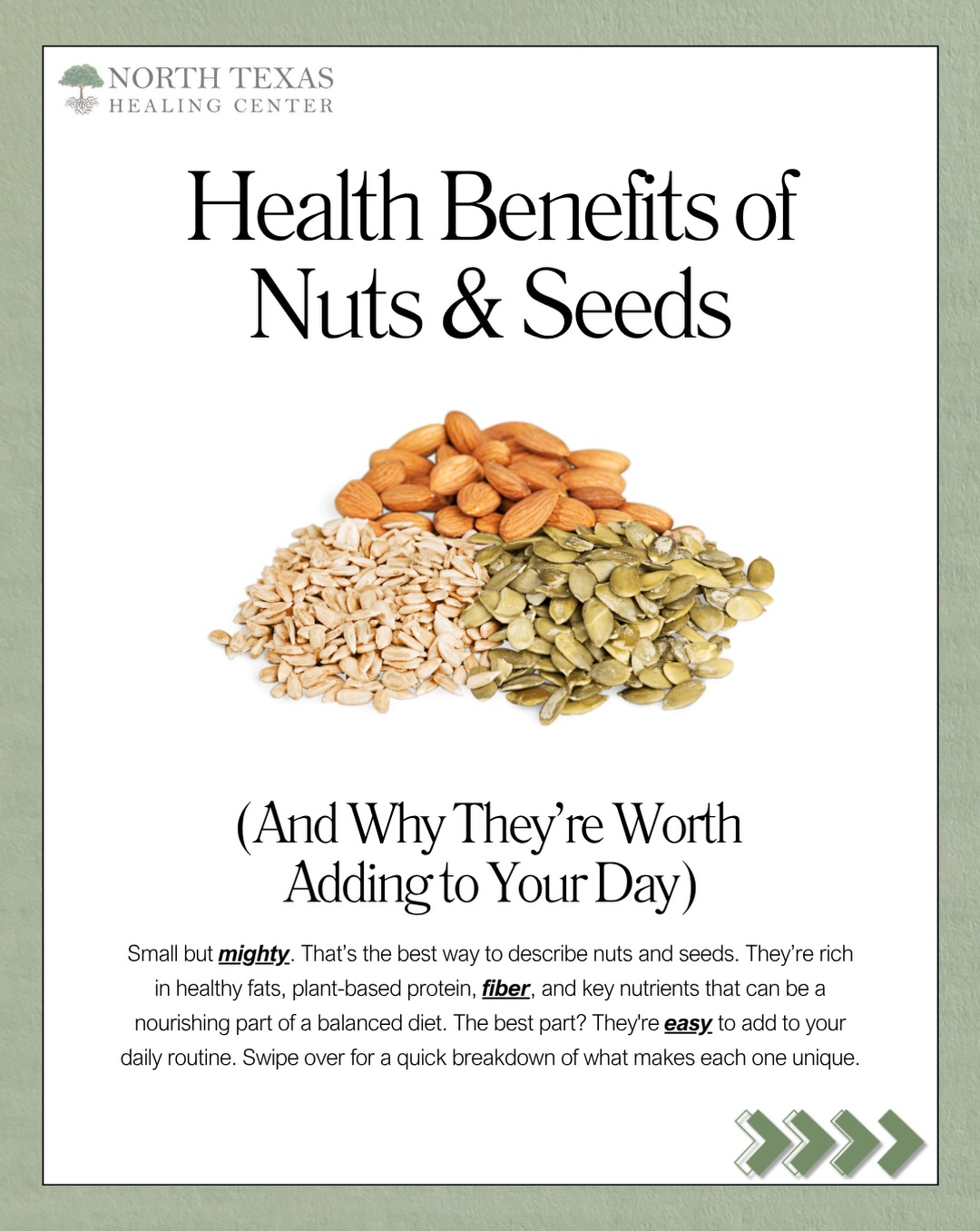 Nuts and seeds may be small, but they’re some of the most nutrient-dense foods you can add to your plate. 🌰✨ Packed with healthy fats, plant protein, fiber, vitamins, minerals, and powerful antioxidants, these tiny nutritional powerhouses support everything from heart health to brain function, hormone balance, digestion, and healthy aging.
Here’s why they’re worth making part of your daily routine:
• Supports Heart Health ♥️
• Keeps You Feeling Fuller Longer 🌰
• Provides Essential Nutrients 💪
• Supports Brain Health 🧠
• Helps Stabalize Blood Sugar 📉
• Reduces Inflammation & Oxadative Stress ✨
Outside of the nuts and seeds highlighted above, here are some more honorable mentions:
🎃 Pumpkin seeds (pepitas) are packed with magnesium, zinc, iron, and protein. They’re fantastic for immune health, sleep quality, muscle function, and supporting prostate and reproductive health.
🥄 Hemp seeds contain all nine essential amino acids, making them a complete plant protein. They’re also rich in omega-3 and omega-6 fats that support heart, skin, and brain health.
🌾 Sesame seeds provide calcium, iron, copper, and lignans that may help support bone strength, healthy cholesterol levels, and antioxidant defenses.
🌿 Poppy seeds offer calcium, phosphorus, manganese, and fiber, supporting bone health while adding a delicious crunch to meals.
🌰 Brazil nuts are one of the richest natural sources of selenium, a mineral that’s essential for thyroid function, immune health, and antioxidant protection. Just 1–2 Brazil nuts per day are usually enough to meet your daily selenium needs.
🌲 Pine nuts contain heart-healthy fats, vitamin K, magnesium, and antioxidants that support cardiovascular health and overall wellness.
The beauty of nuts and seeds is that each one brings its own unique combination of nutrients. Instead of relying on just one, aim for variety. Sprinkle them on oatmeal, yogurt, salads, soups, smoothie bowls, grain bowls, or enjoy them as a satisfying snack.
A quick reminder: nuts and seeds are calorie dense, so 1oz of nuts or 1-2tbsp of seeds will add the benefits you’re looking for!
Which one is your favorite? 🌰👇