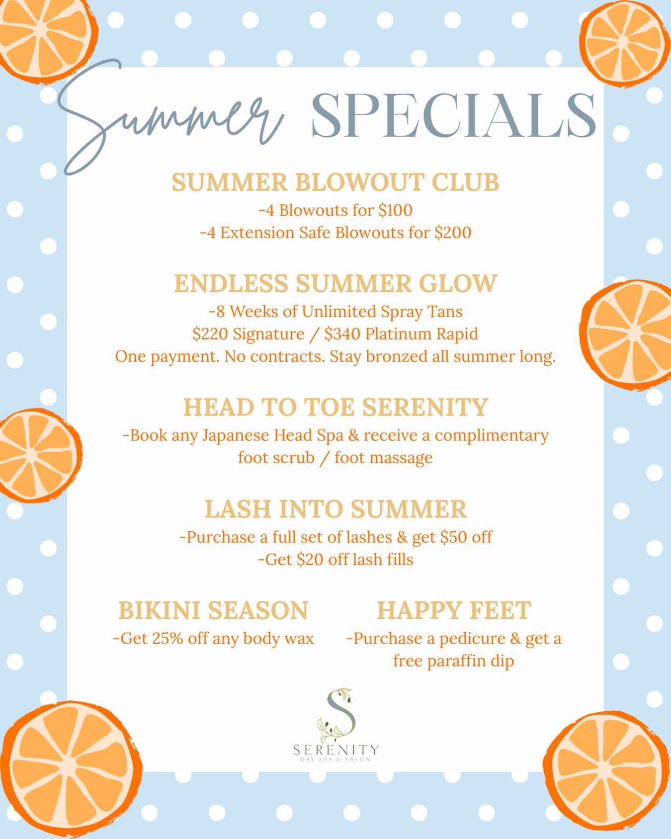 Our Summer Specials just got even better! 🍊
We’ve updated our lineup and added 3 new specials! Introducing Lash Into Summer, Bikini Season, and Happy Feet!
✨ Lash Into Summer - $50 off a full set of lashes and $20 off lash fills
✨ Bikini Season - 25% off any body wax
✨ Happy Feet - Book a pedicure and receive a complimentary paraffin dip
These specials are available to both new and existing clients for a limited time. Call us or send us a message to book your favorite before summer is over! ☀️
#sdsmagnolia #summerspecials #SAU #giftsforher #salonandspa