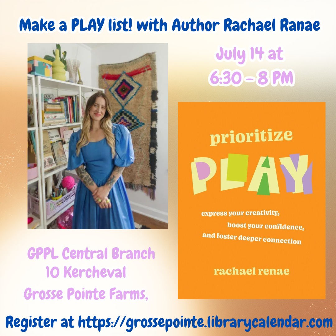TONIGHT! Could you use a little more play in your life? Beat the heat and have some fun this evening with artist and play enthusiast @rachaelrenae !
Join us at 6:30 pm at the Grosse Pointe Library Central Branch to welcome Rachael Ranae, author of the new book Prioritize PLAY: Express Your Creativity, Boost Your Confidence, and Foster Deeper Connection!
Rachael, who is also a co-host of @chaoticcreativespod, will talk about using play as a way to overcome creative blocks and live a big, juicy life.
Attendees will also leave with an illustrated PLAY list, a to-do list filled with only play activities, as a reminder to add whimsy and joy to our everyday lives.
See you there!
#nextchapterbooksdetroit #indiebookstore #letreadtogether #detroitisforcreatives #detroitisforreaders