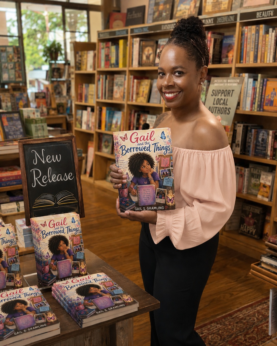 Gail and the Borrowed Things is the first book in Gail Gramling's Golden Notebook series. The middle-grade novel follows 11-year-old Gail, who starts the sixth grade with one overarching goal: figuring out how to fit in.
https://a.co/d/07wmMcOP