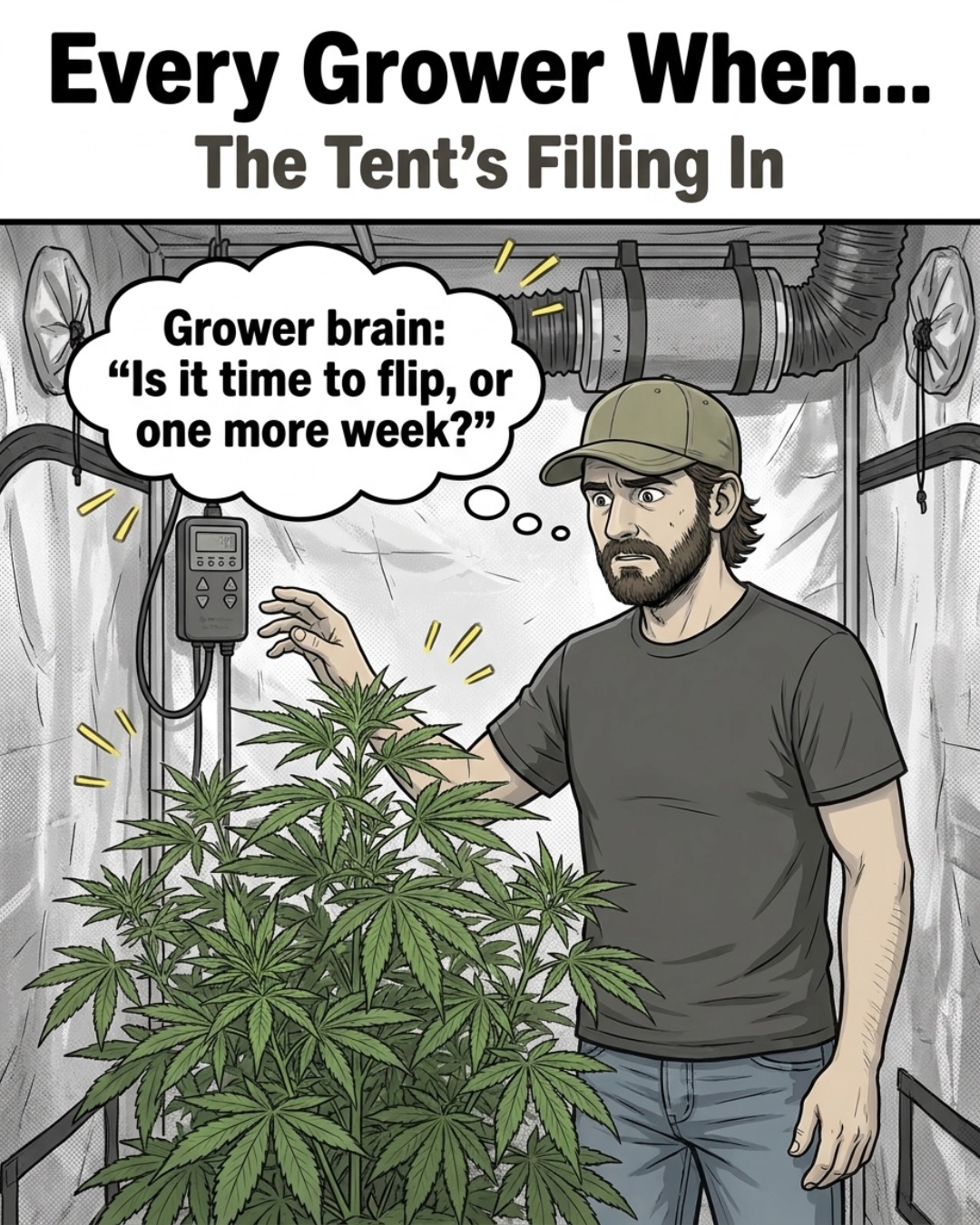 You are standing at the timer, hand hovering, running the same loop every grower runs. Flip now, or give it one more week.
Here is the part that makes it feel impossible. You are timing the plant in front of you, and that is not the plant you are about to flower. Hit the switch and it can nearly double in the stretch, so the size that decides the whole run is a size you cannot see yet on flip day.
So the call was never about the calendar. It is about space. Measure your room first, the ceiling and the light footprint, then read the plant against it. Flip when today’s plant is sized to finish inside that box, not to fill it right now. Veg builds the height. The stretch spends it. Do the math before you touch the timer.
This is the stuff a good independent grow shop talks through with you at the counter. Not a flip number copied off somebody else’s video, but your tent, your strain’s stretch, your headroom, and how much room to leave for the plant it is about to become. That is what the shop is for.
So be honest down there: do you flip by weeks, by height, or by when the tent looks full? Tell me which one you trust and why.
#everygrowerwhen #growroom #indoorgarden #growlights #plantcare