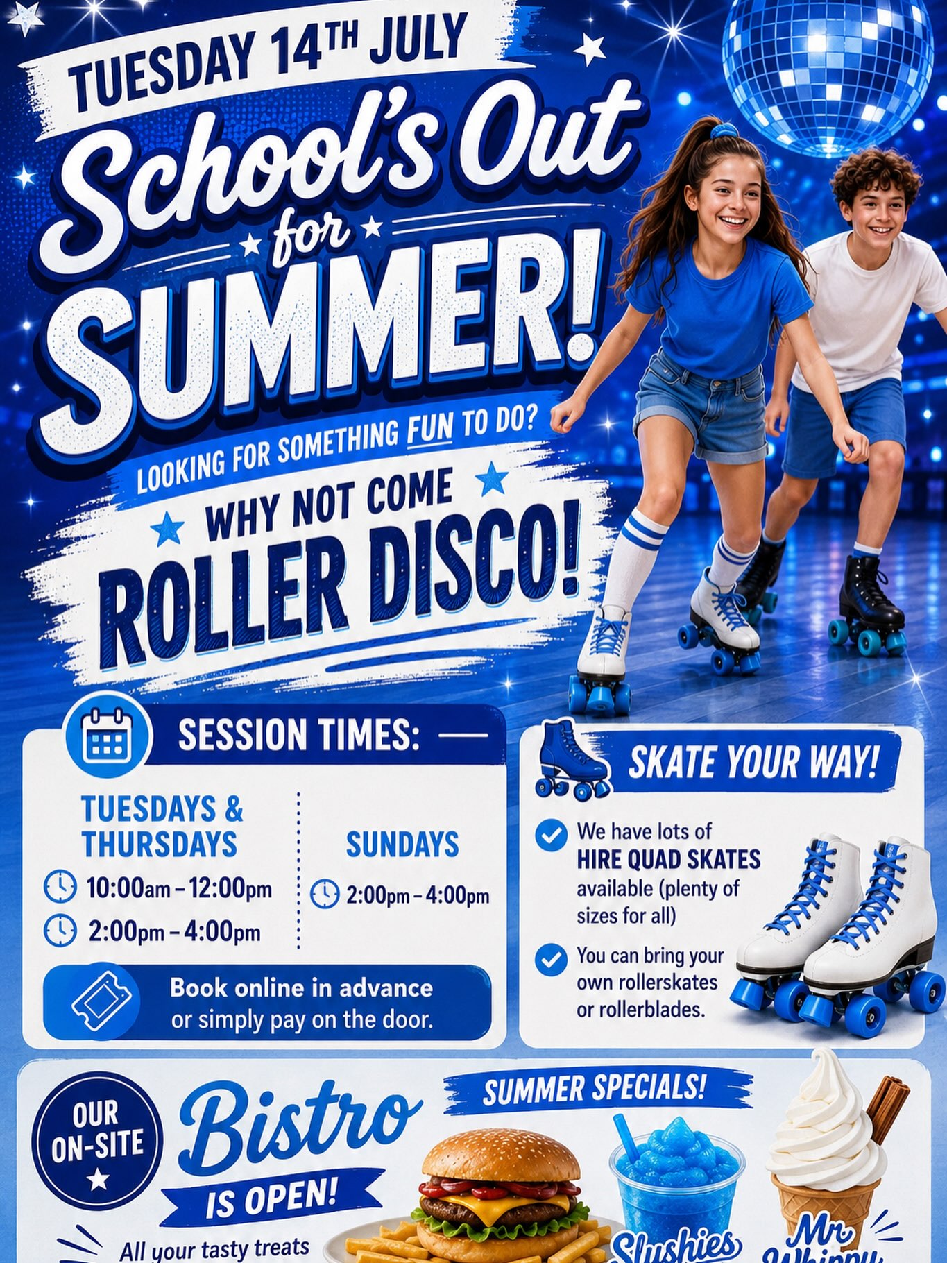 🌟 Roll into the fun this Tuesday! 🛼💙
Looking for something to keep the kids entertained this summer? Come along to Border Ice Rink, Kelso for our Roller Disco on Tuesday 14th July!
🛼 Session Times
⏰ 10:00am–12:00pm
⏰ 2:00pm–4:00pm
✨ No experience needed – everyone is welcome!
🛼 Lots of hire quad skates available (plenty of sizes).
🛼 You’re welcome to bring your own roller skates or rollerblades too.
🎟️ Book online in advance or simply pay on the door.
🍔 While you’re here, why not visit our Rink Bistro? Enjoy tasty summer specials, refreshing slushies, Mr Whippy ice creams and much more!
🎶 Great music, lots of laughs and fun for the whole family – whatever the weather!
We can’t wait to welcome you to the rink! 💙🛼
#BorderIceRink #Kelso #RollerDisco #SchoolsOutForSummer #FamilyFun SummerHolidays RollerSkating ScottishBorders DaysOutWithKids SummerFun