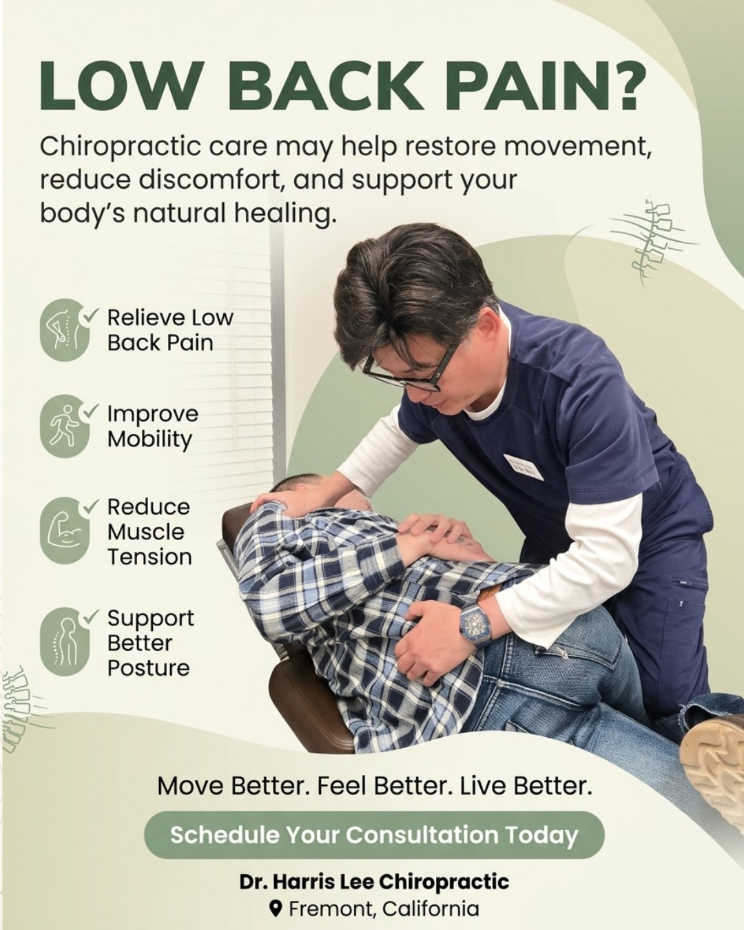 Did you know? Lower back pain isn't always caused by your muscles—it can also come from joints in the spine that aren't moving properly.
A chiropractic adjustment is a precise, gentle technique designed to improve joint mobility, reduce irritation, and help your body move more naturally. When your spine functions better, everyday activities like walking, bending, standing, and lifting can often feel easier and more comfortable.
Every patient is different, which is why we perform a thorough evaluation before creating a personalized treatment plan.
Your spine supports you every day—taking care of it can make a difference in how you feel and move.
📍Dr. Harris Lee
#ChiropracticCare #LowerBackHealth #FremontChiropractor #SpinalHealth #HealthyMovement